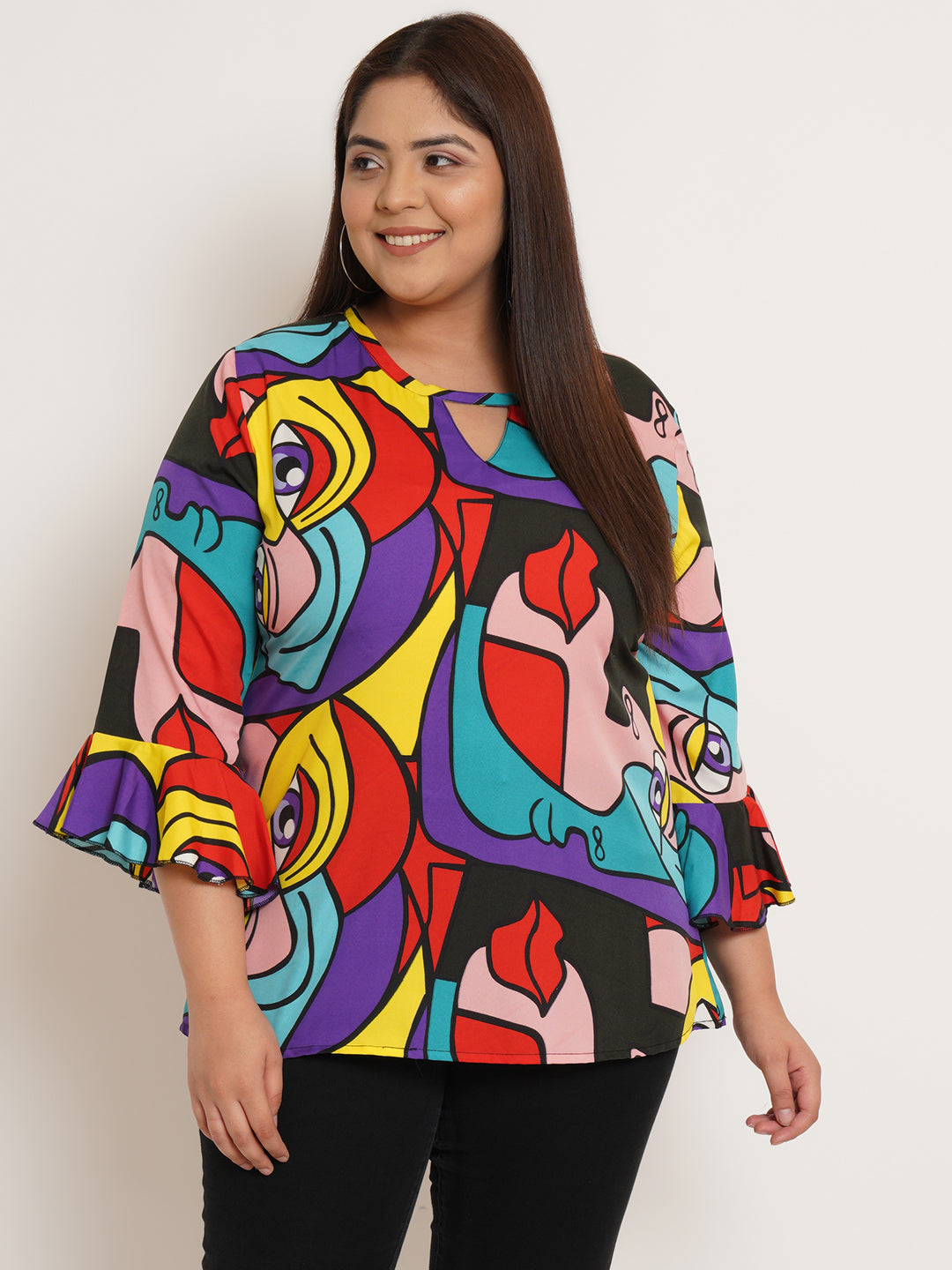 Women Plus Size Graphic Printed Bell Sleeve Crepe Top