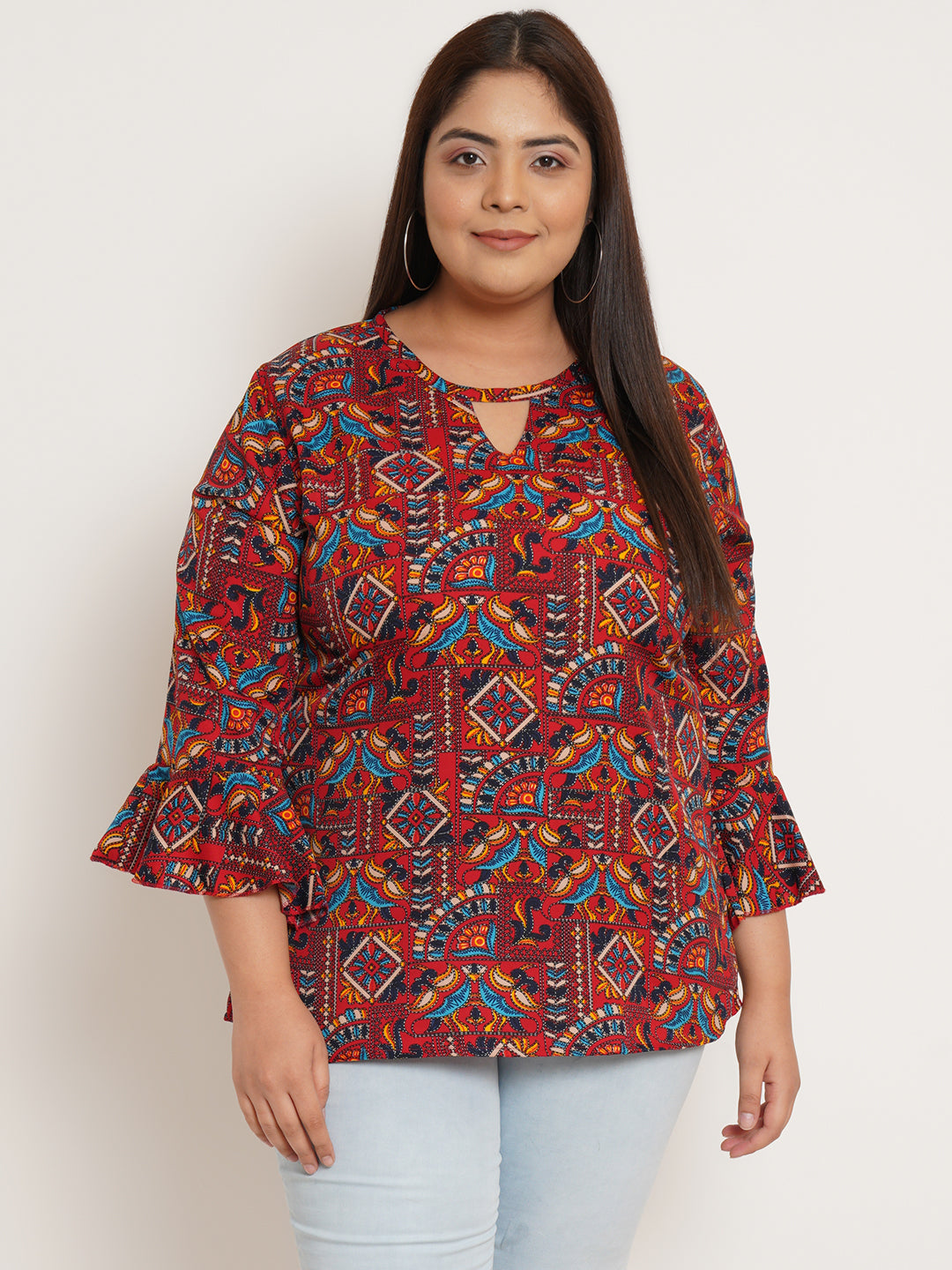 Women Plus Size Ethnic Motifs Printed Bell Sleeve Crepe Top