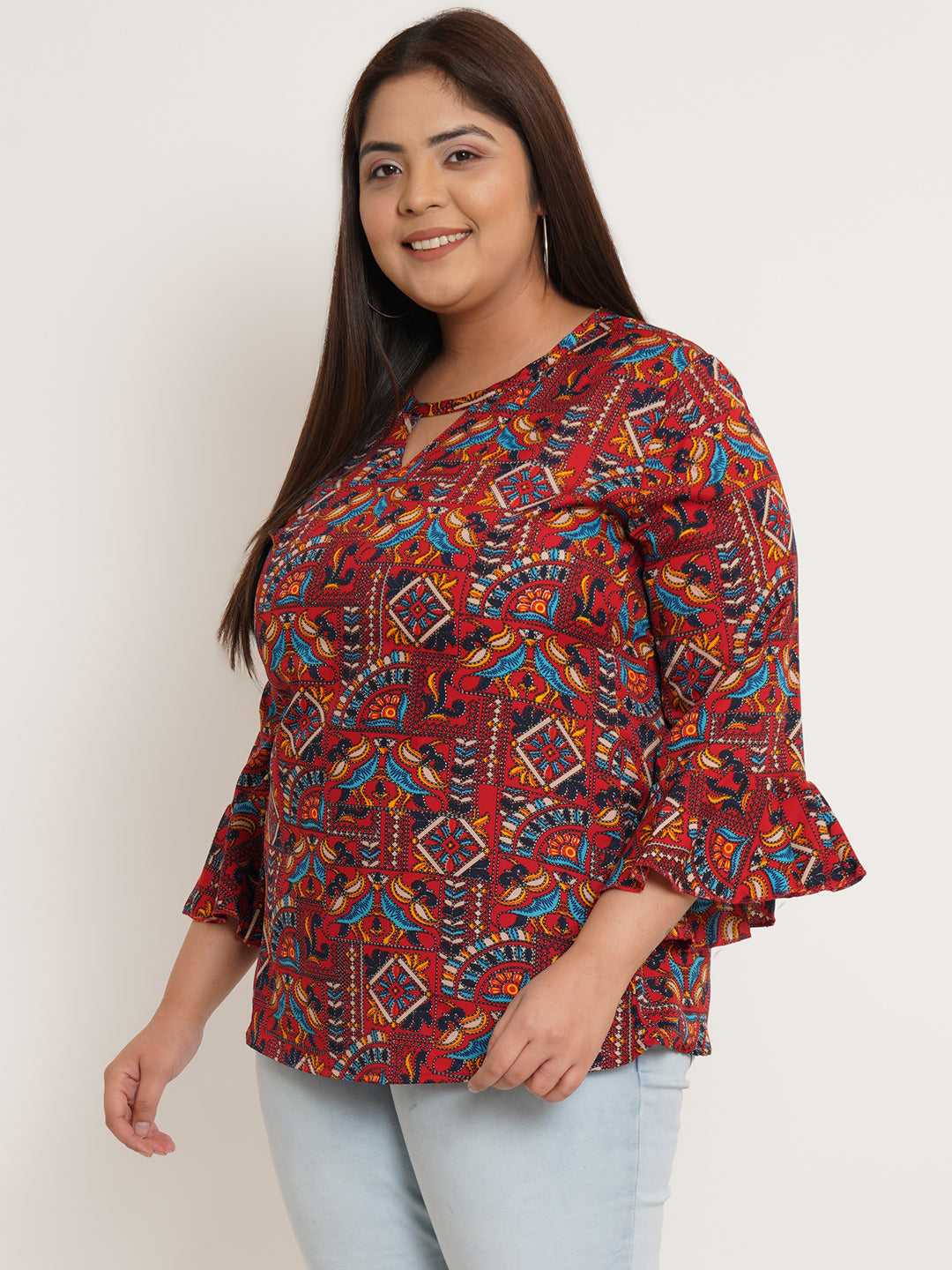 Women Plus Size Ethnic Motifs Printed Bell Sleeve Crepe Top