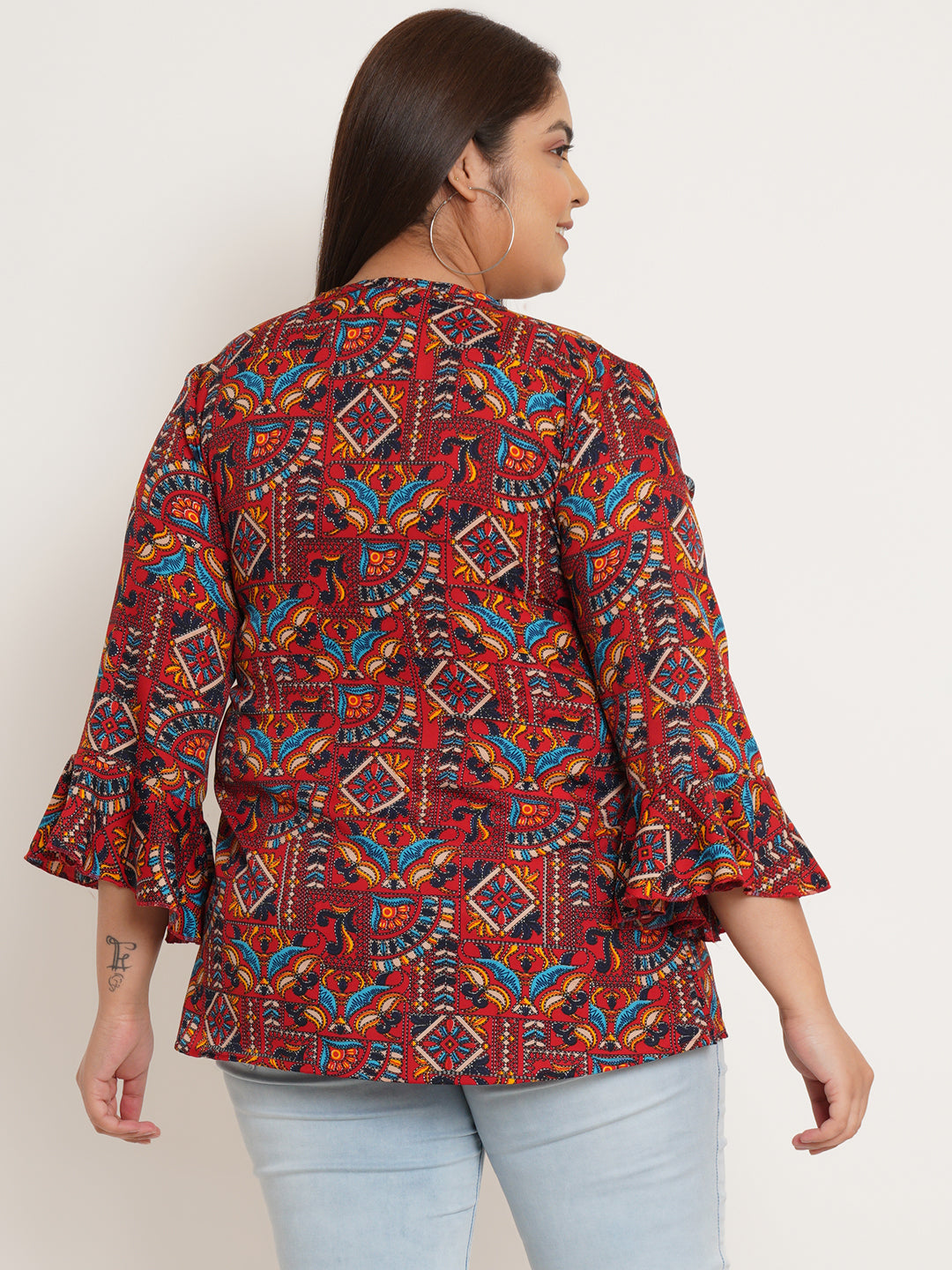 Women Plus Size Ethnic Motifs Printed Bell Sleeve Crepe Top