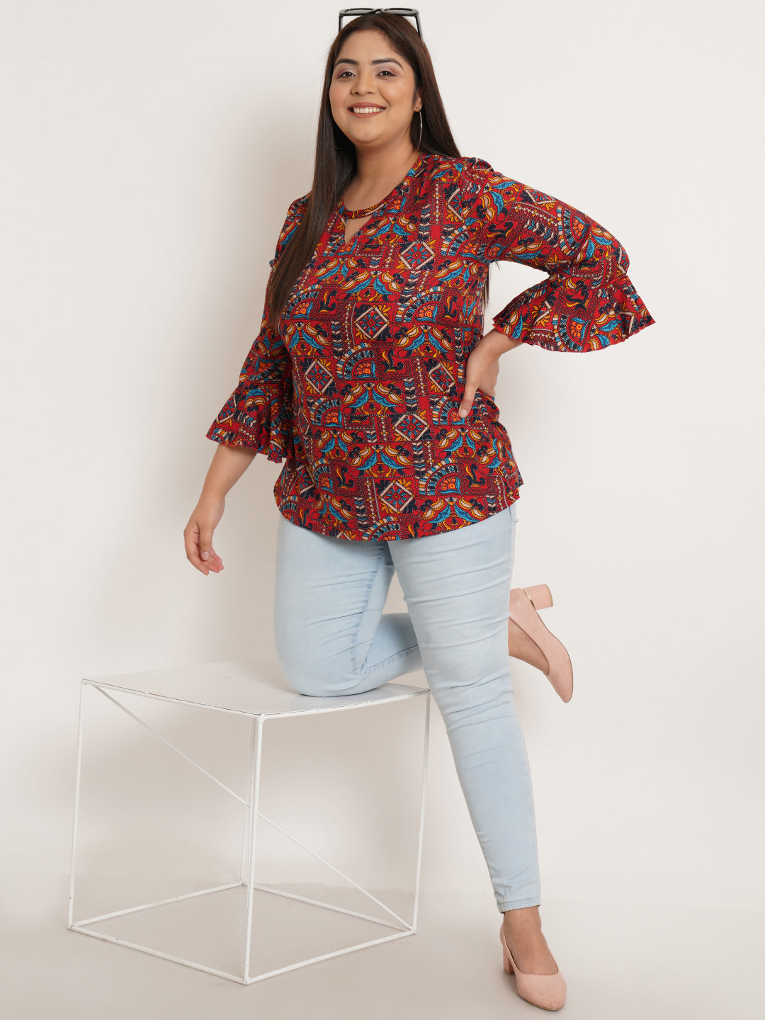 Women Plus Size Ethnic Motifs Printed Bell Sleeve Crepe Top