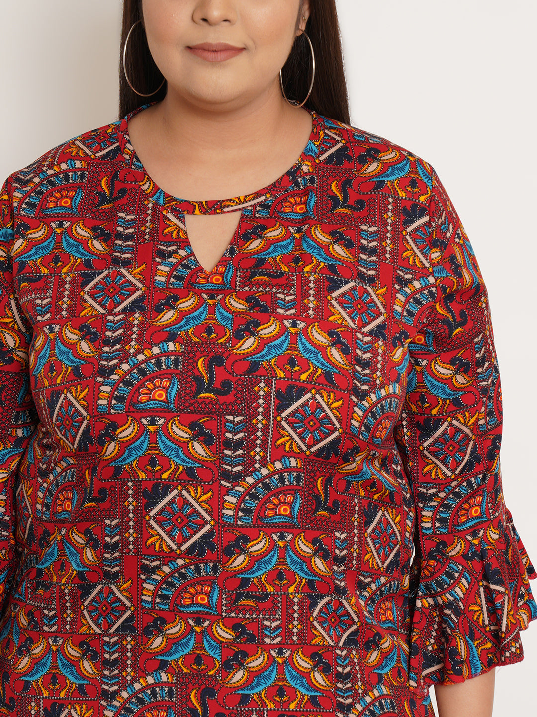 Women Plus Size Ethnic Motifs Printed Bell Sleeve Crepe Top