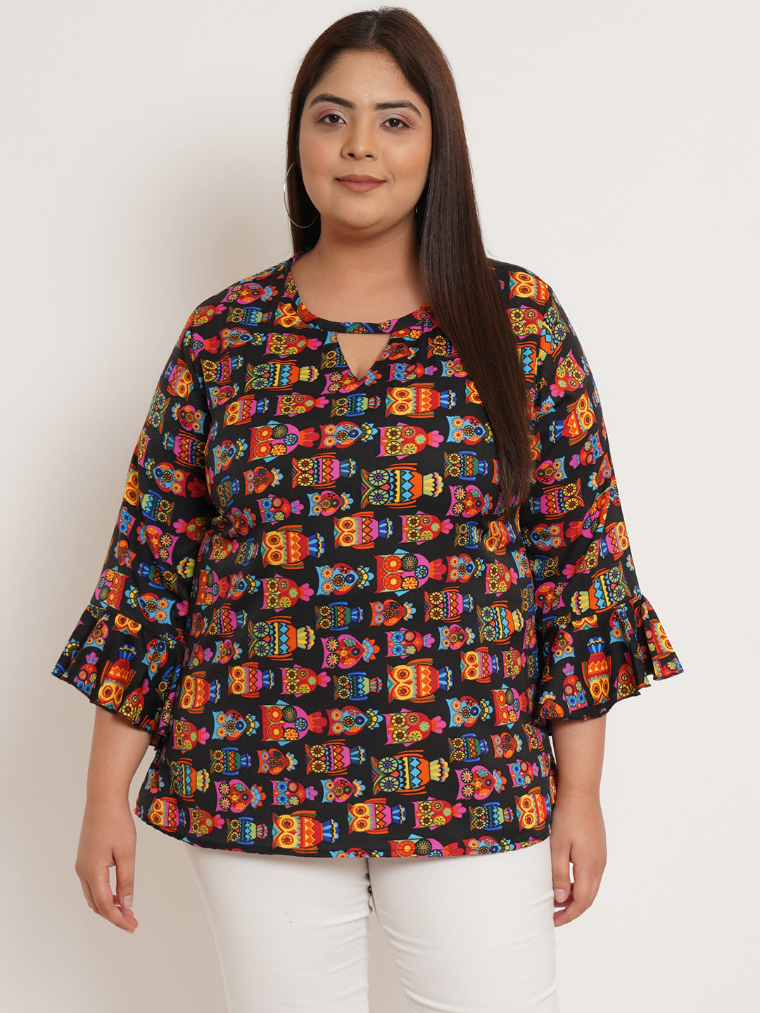 Women Plus Size Conversational Printed Bell Sleeve Crepe Top