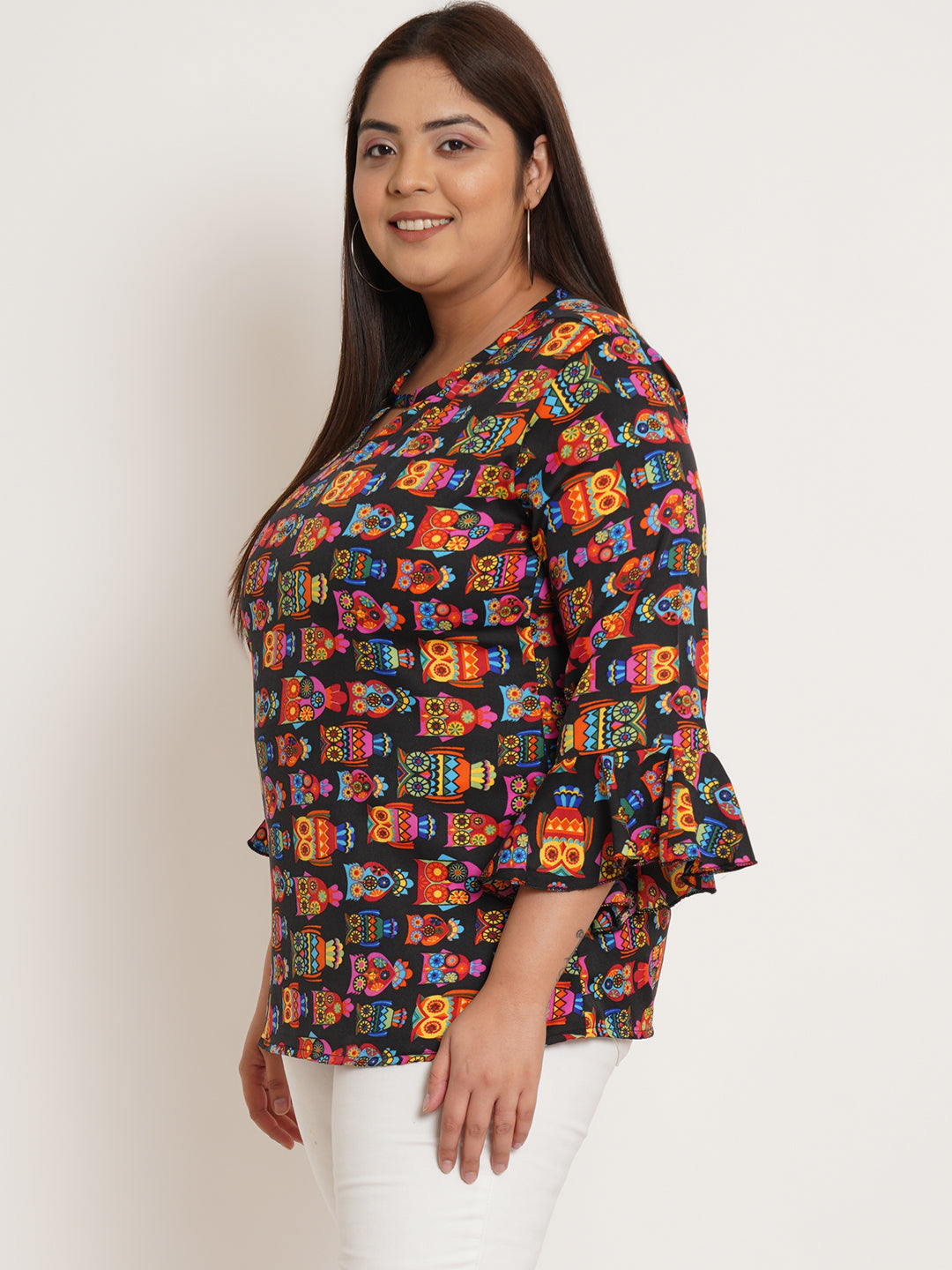 Women Plus Size Conversational Printed Bell Sleeve Crepe Top