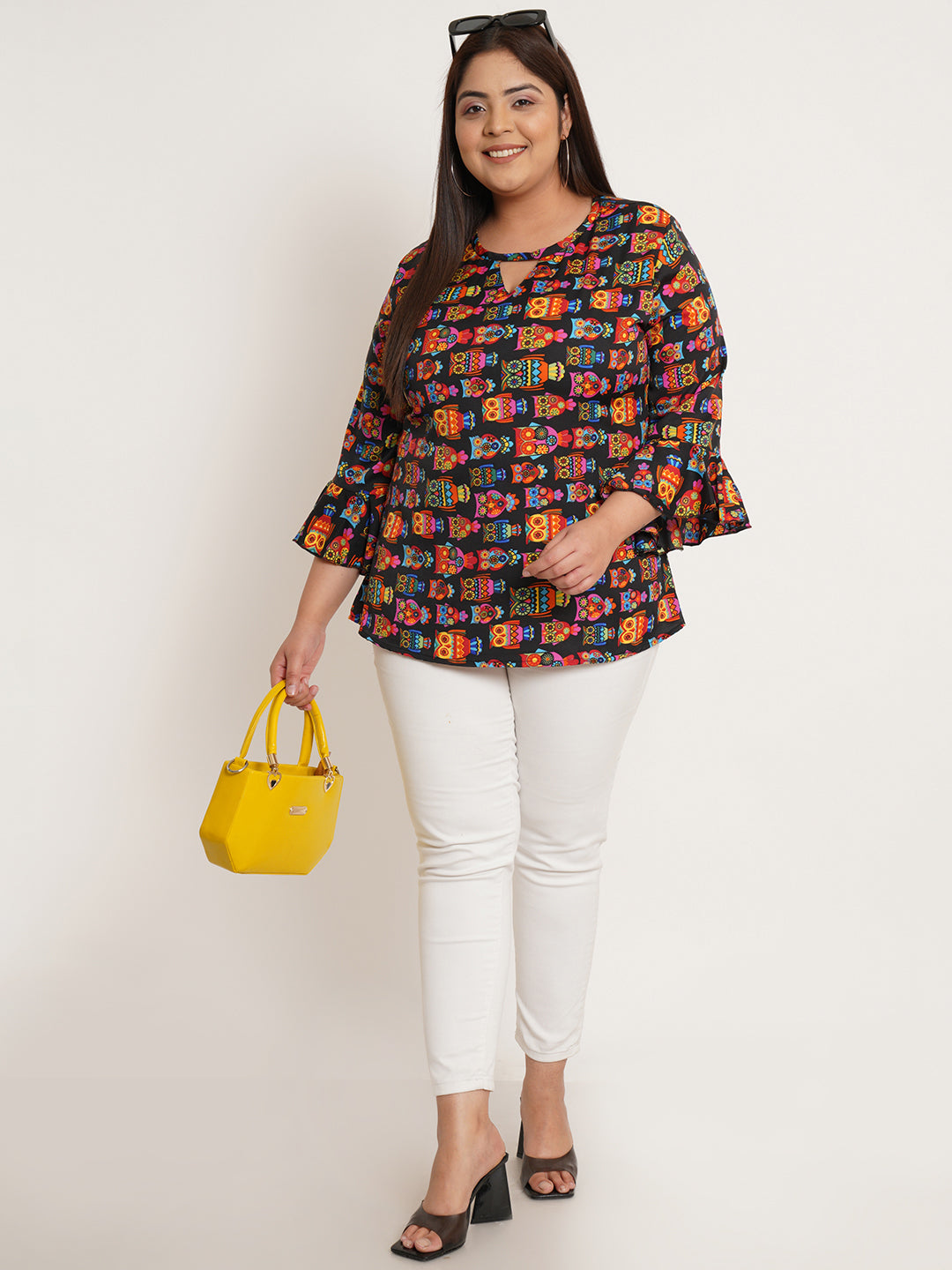 Women Plus Size Conversational Printed Bell Sleeve Crepe Top