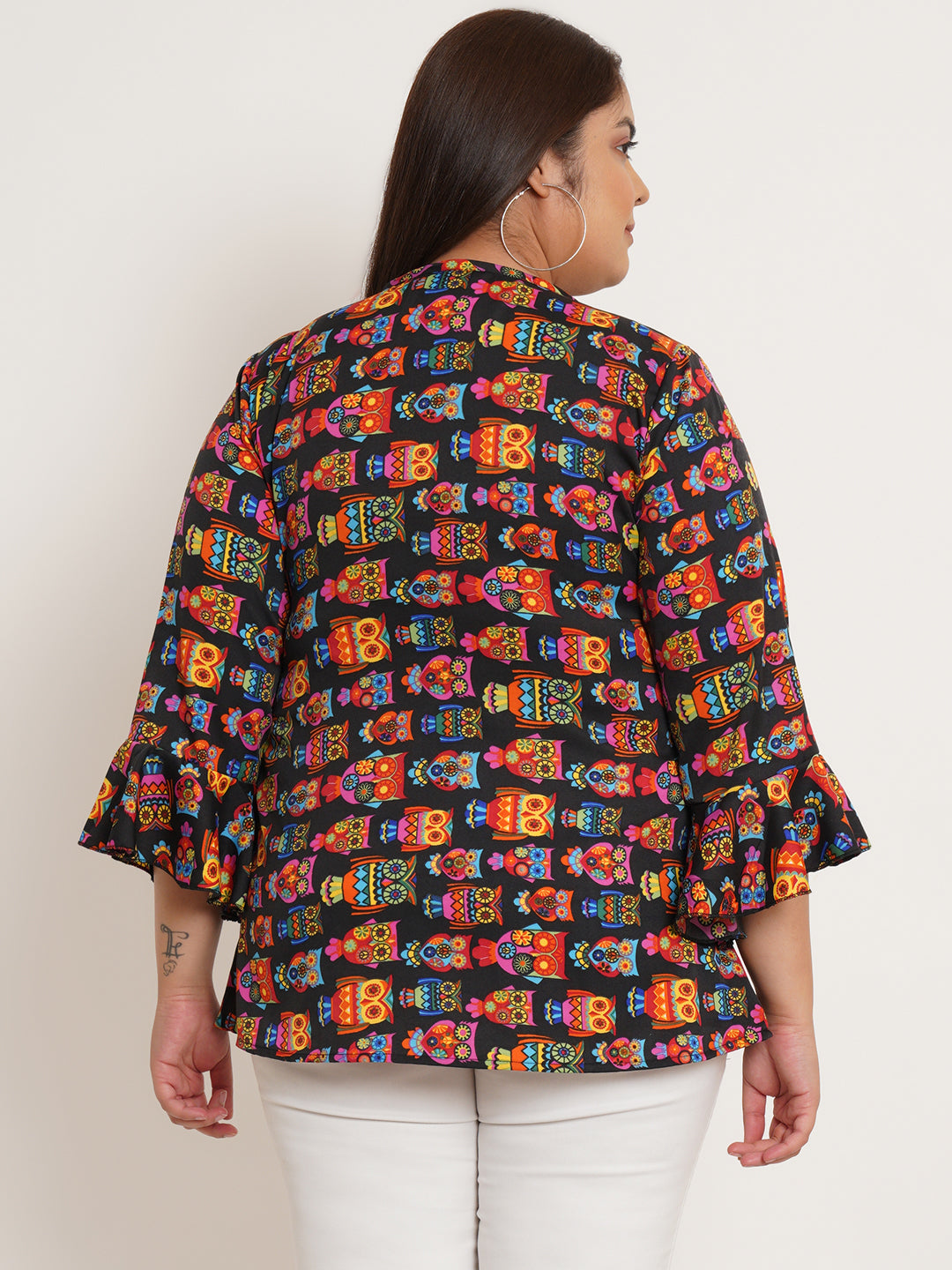 Women Plus Size Conversational Printed Bell Sleeve Crepe Top