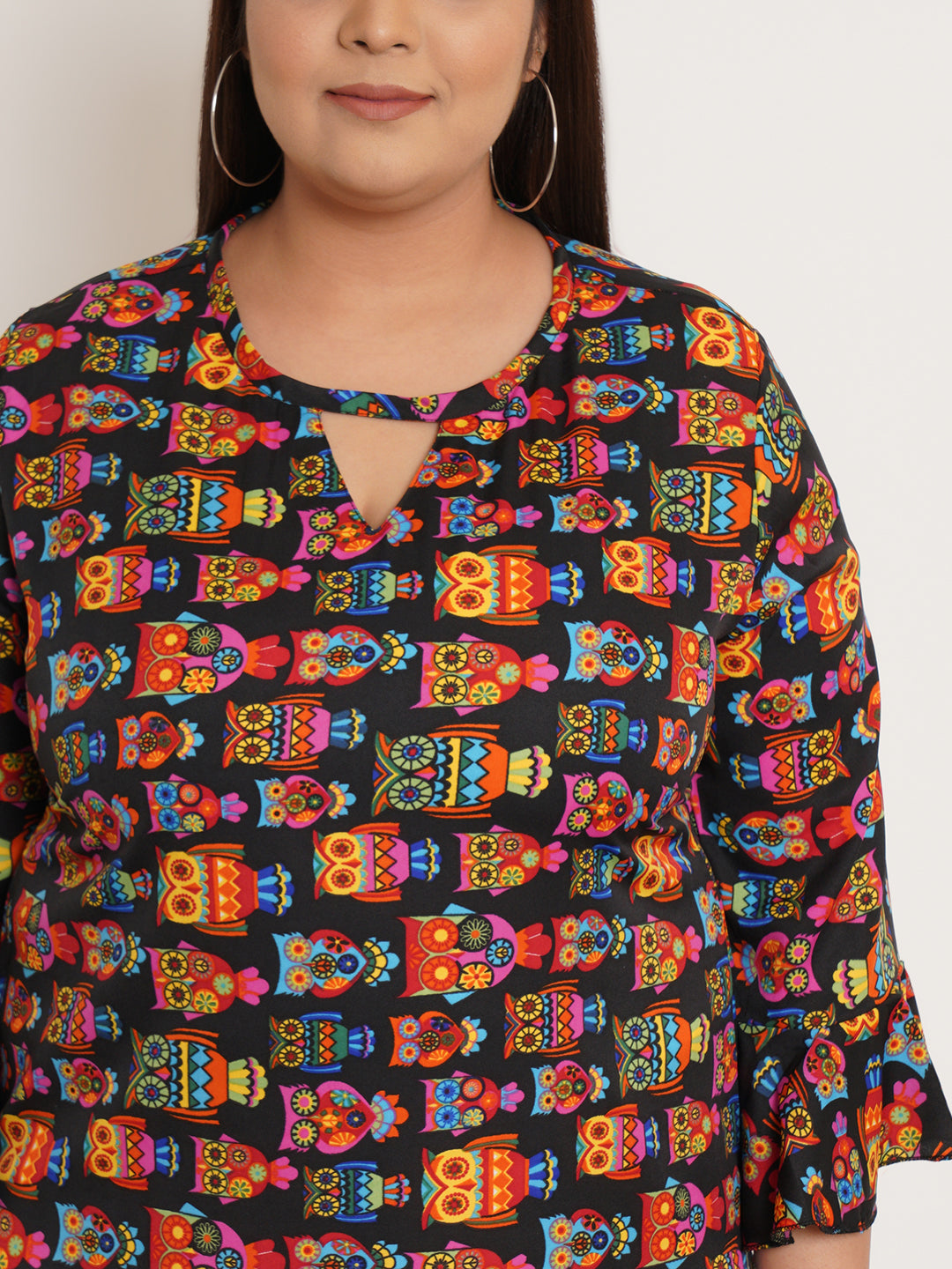 Women Plus Size Conversational Printed Bell Sleeve Crepe Top