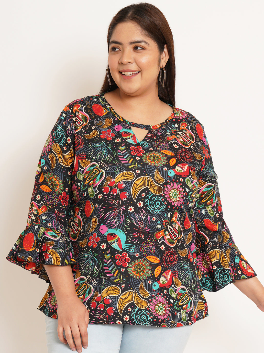 Women Plus Size Ethnic Motifs Printed Bell Sleeve Crepe Top
