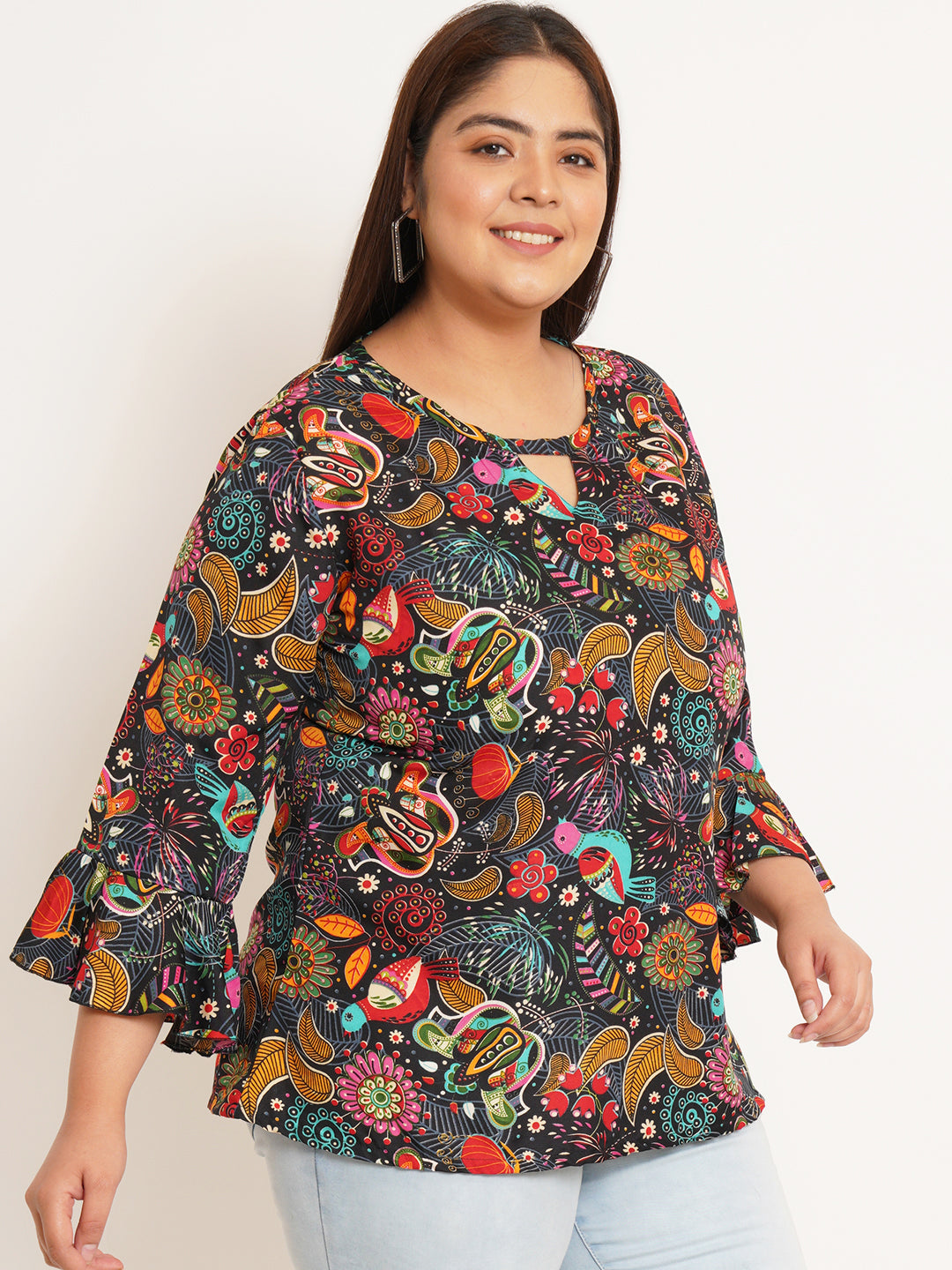 Women Plus Size Ethnic Motifs Printed Bell Sleeve Crepe Top