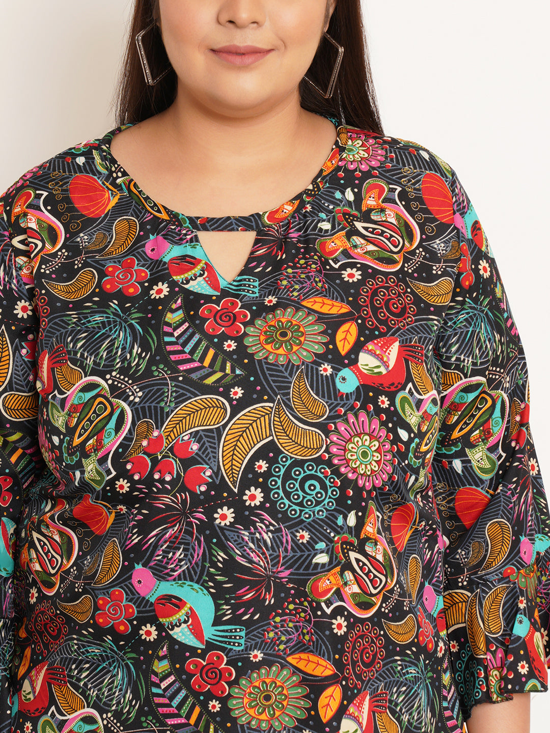 Women Plus Size Ethnic Motifs Printed Bell Sleeve Crepe Top