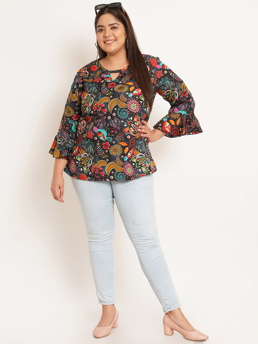 Women Plus Size Ethnic Motifs Printed Bell Sleeve Crepe Top