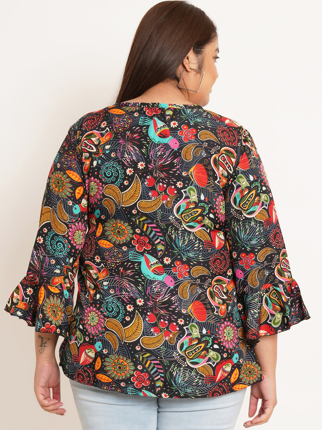 Women Plus Size Ethnic Motifs Printed Bell Sleeve Crepe Top