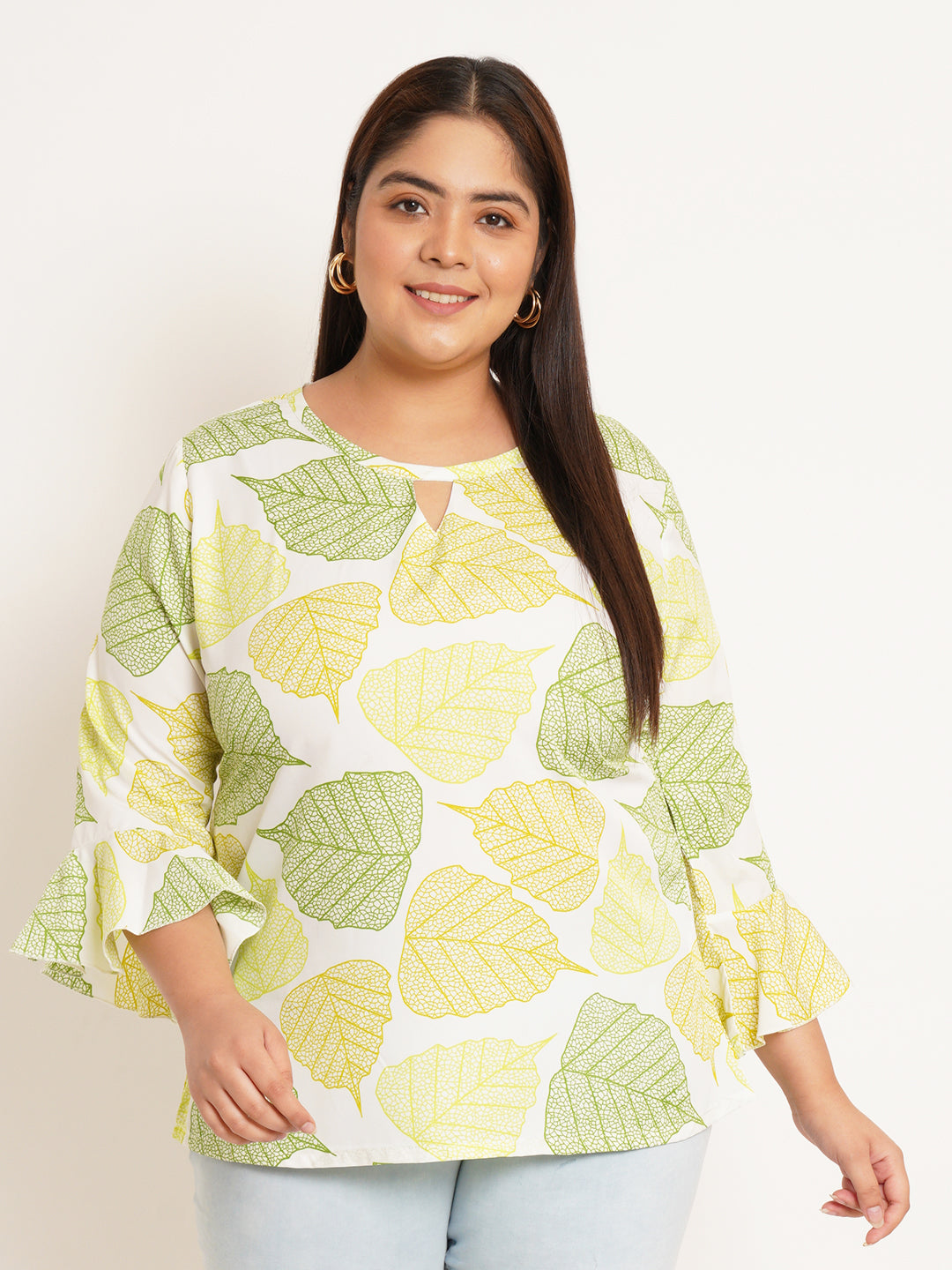 Women Plus Size Floral Printed Bell Sleeve Crepe Top