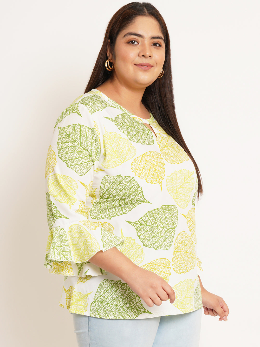 Women Plus Size Floral Printed Bell Sleeve Crepe Top