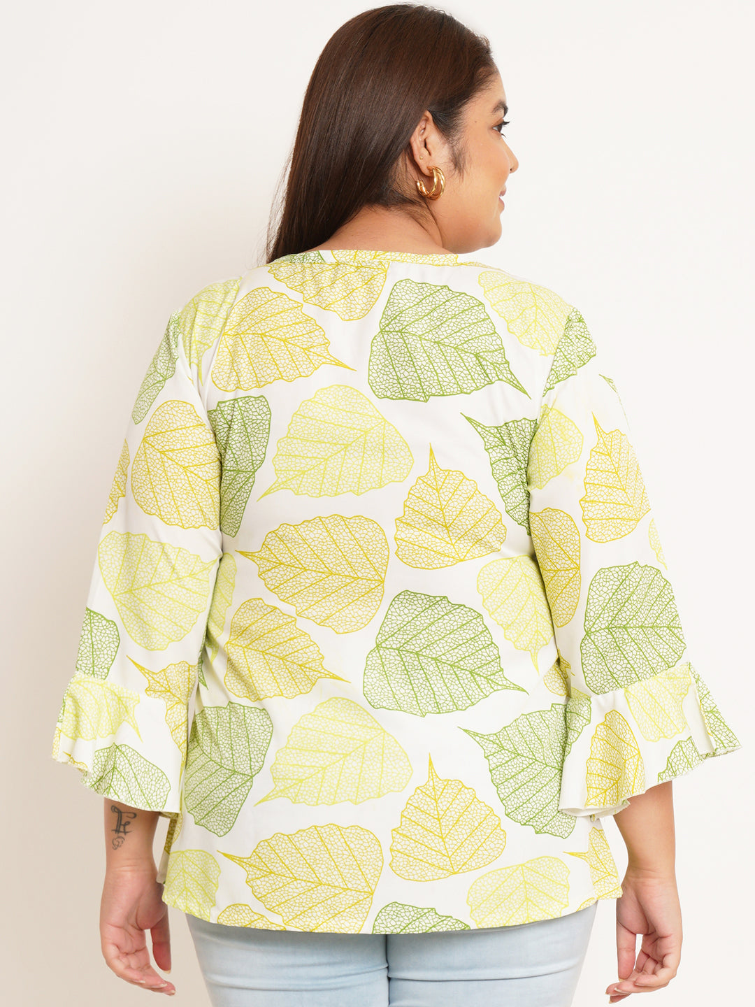 Women Plus Size Floral Printed Bell Sleeve Crepe Top
