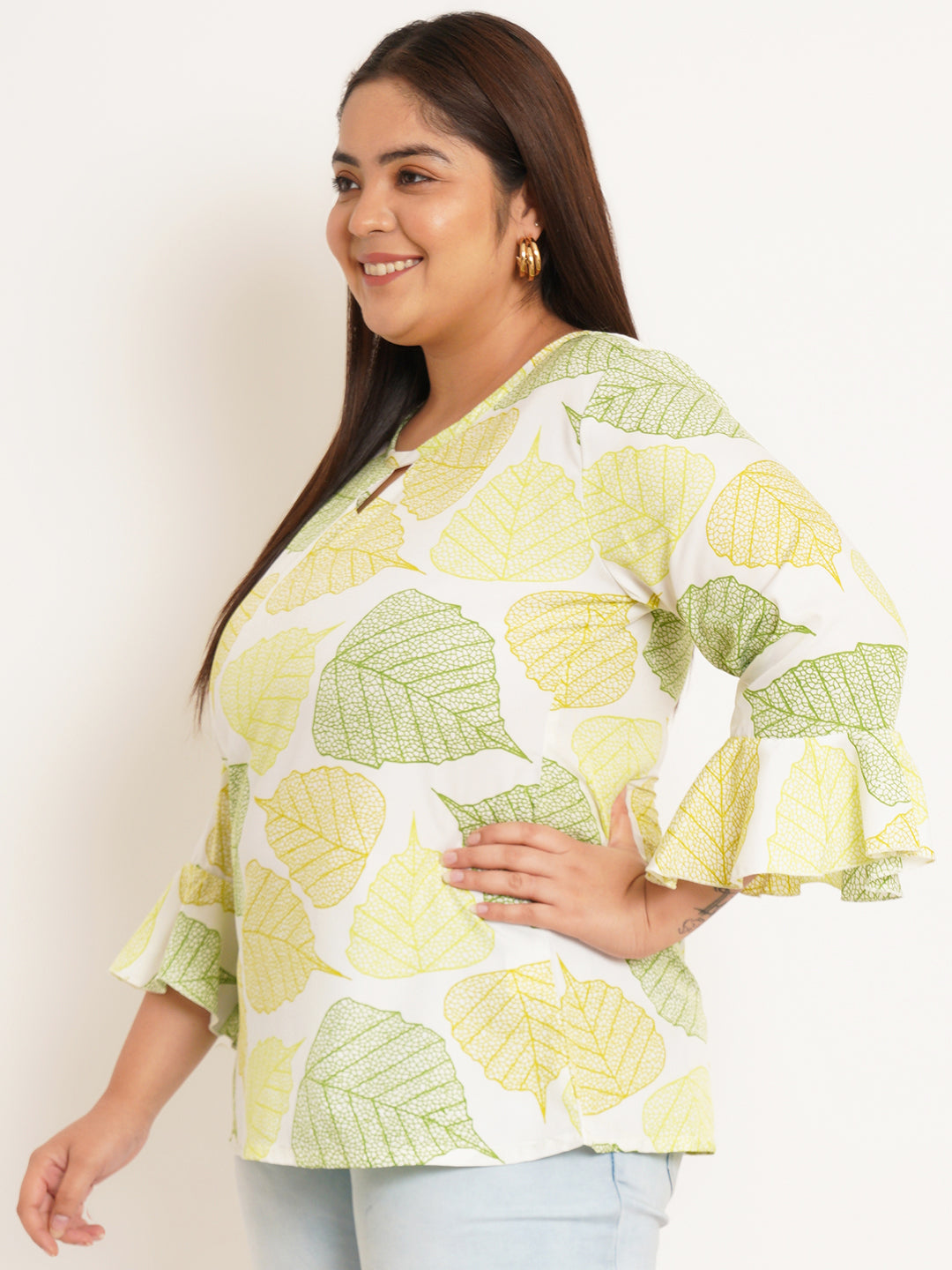 Women Plus Size Floral Printed Bell Sleeve Crepe Top