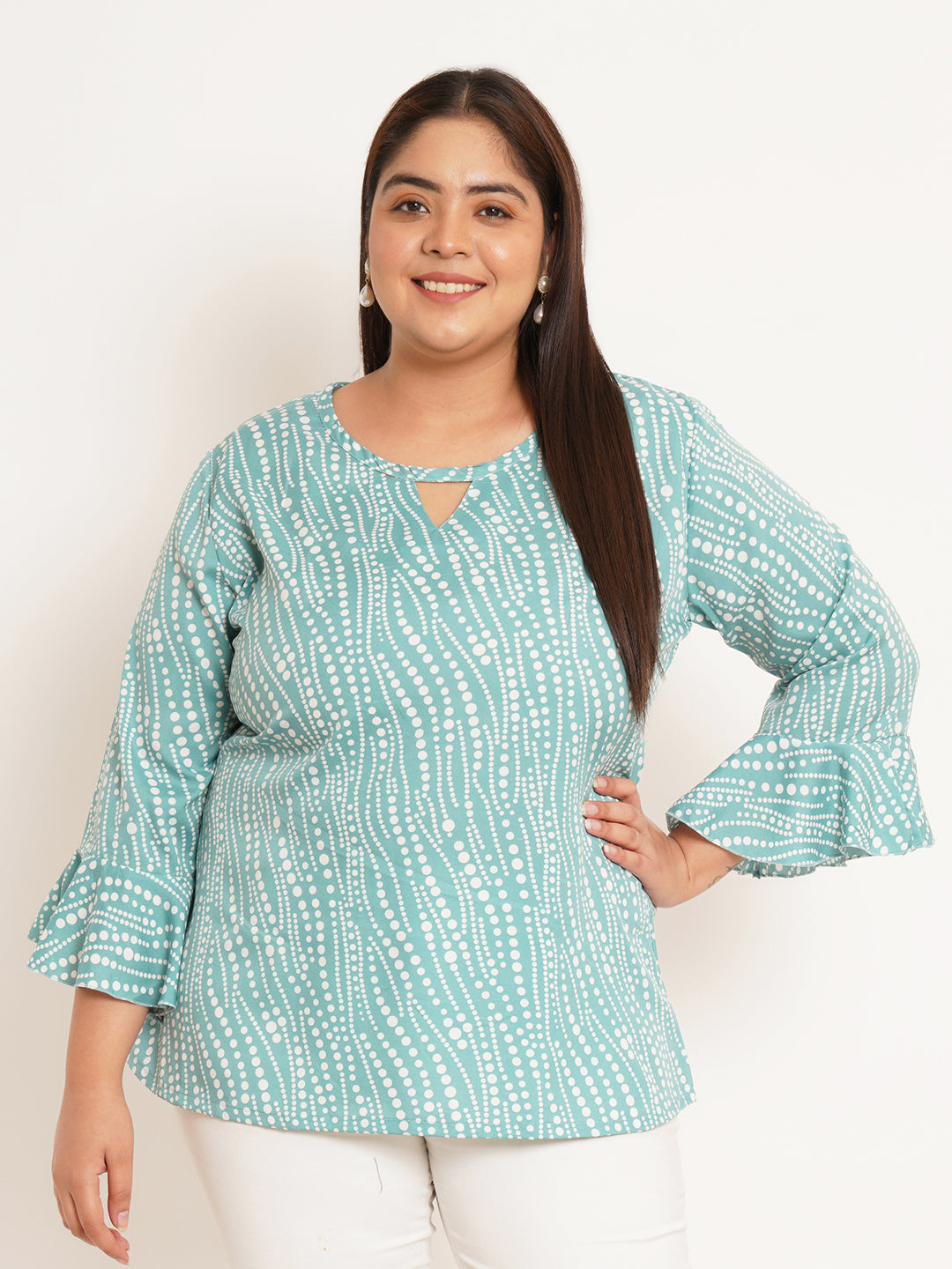 Women Plus Size Geometric Printed Bell Sleeve Crepe Top