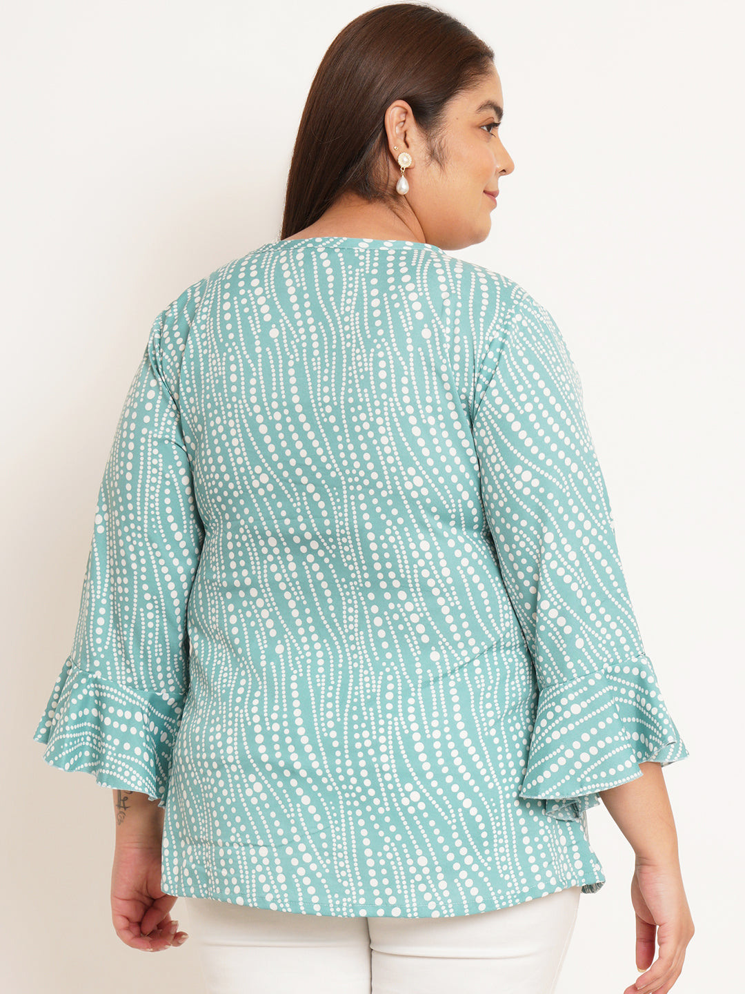 Women Plus Size Geometric Printed Bell Sleeve Crepe Top