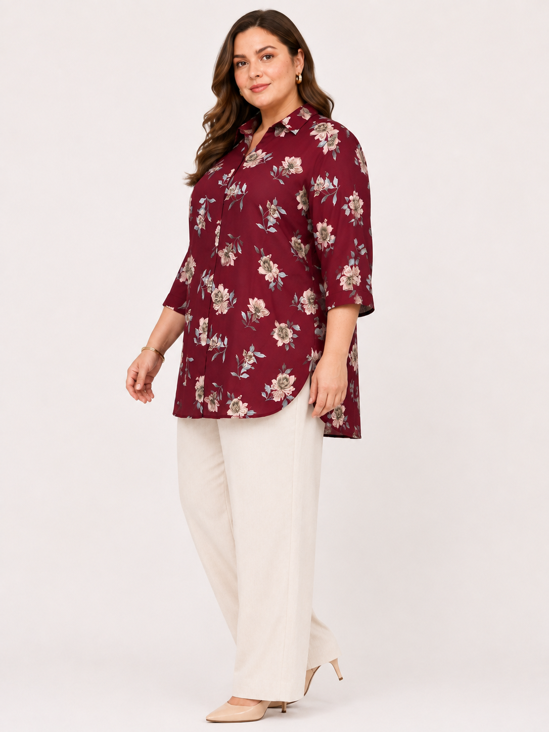 U&F Beyond Maroon Floral Printed Plus Size Shirt Style Top