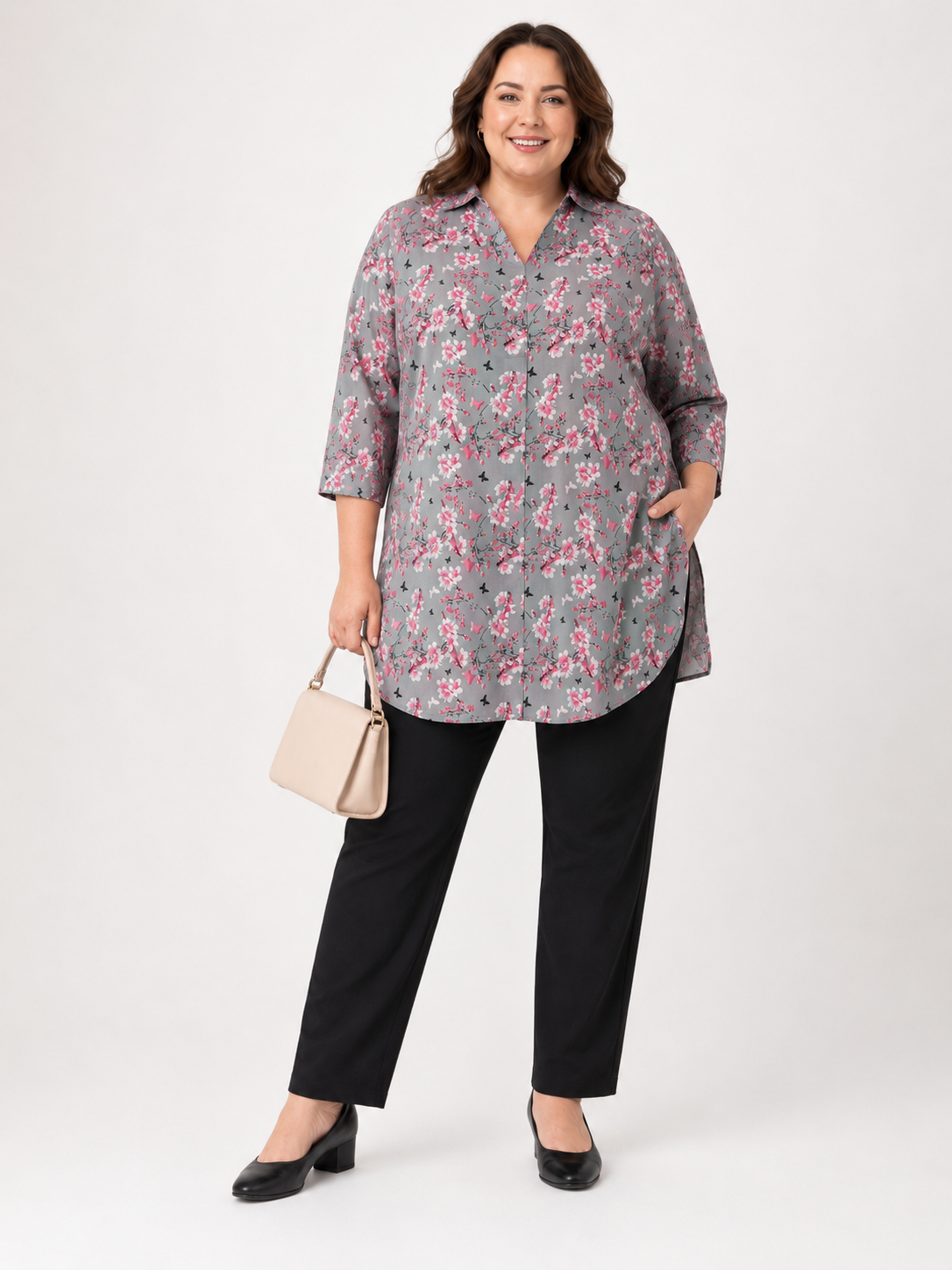 U&F Beyond Grey Floral Printed Plus Size Shirt Style Top