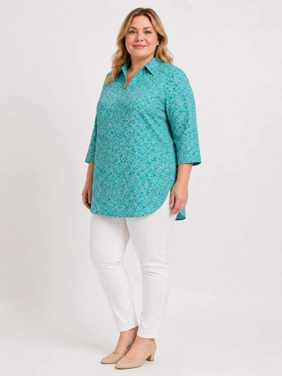 U&F Beyond Turquoise Blue Floral Printed Plus Size Shirt Style Top