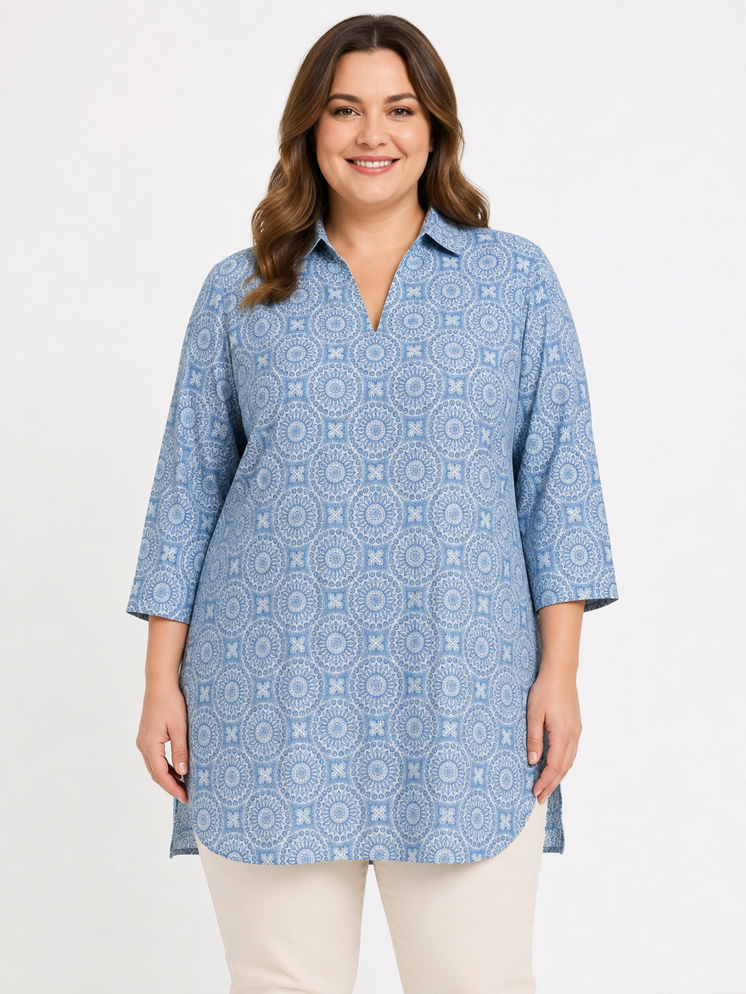 U&F Beyond Blue Printed Plus Size Shirt Style Top