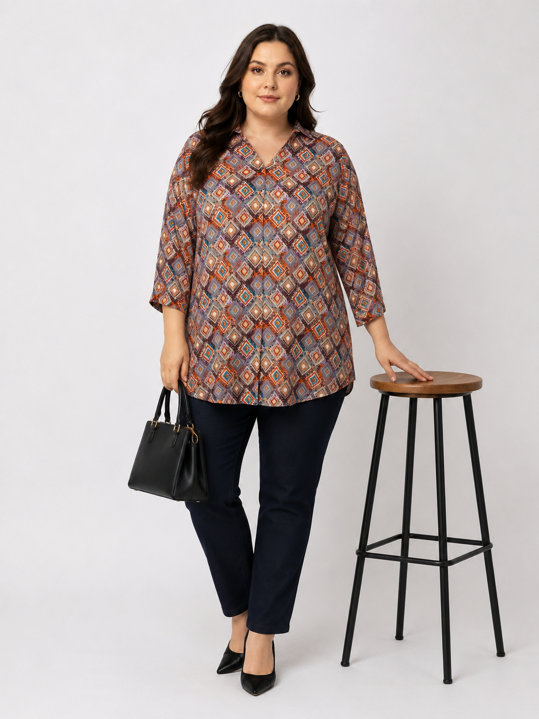 U&F Beyond Brown Geometric Printed Plus Size Shirt Style Top