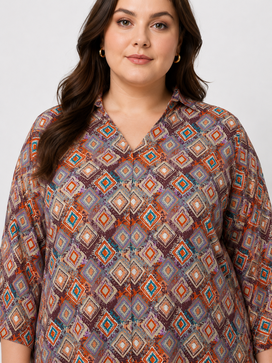 U&F Beyond Brown Geometric Printed Plus Size Shirt Style Top