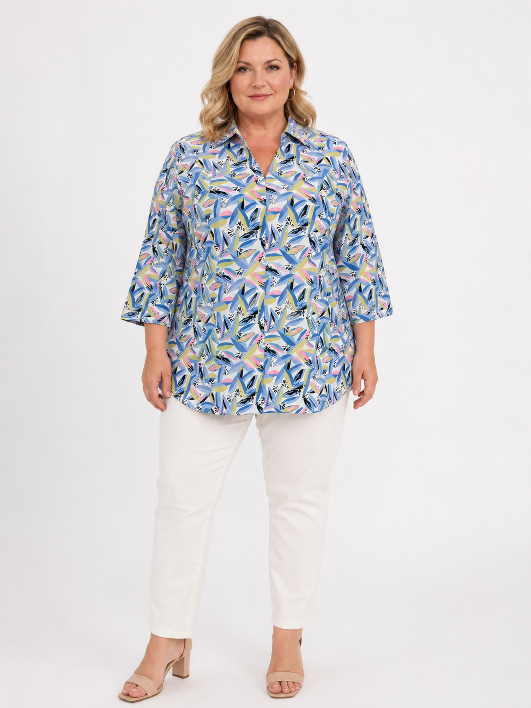 U&F Beyond Blue Abstract Printed Plus Size Shirt Style Top