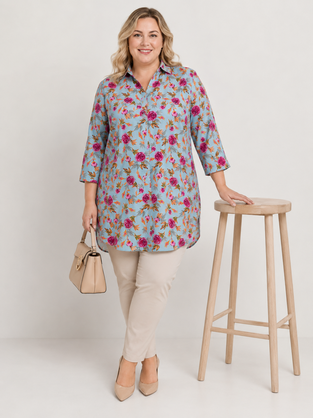U&F Beyond Blue Floral Printed Plus Size Shirt Style Top