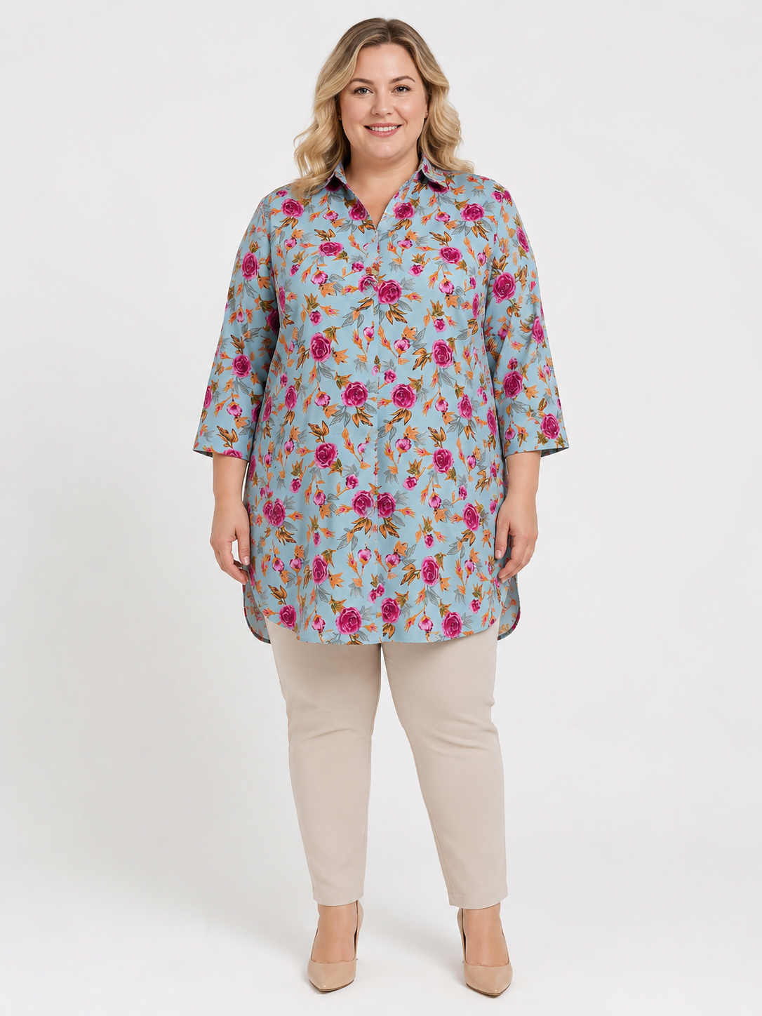 U&F Beyond Blue Floral Printed Plus Size Shirt Style Top