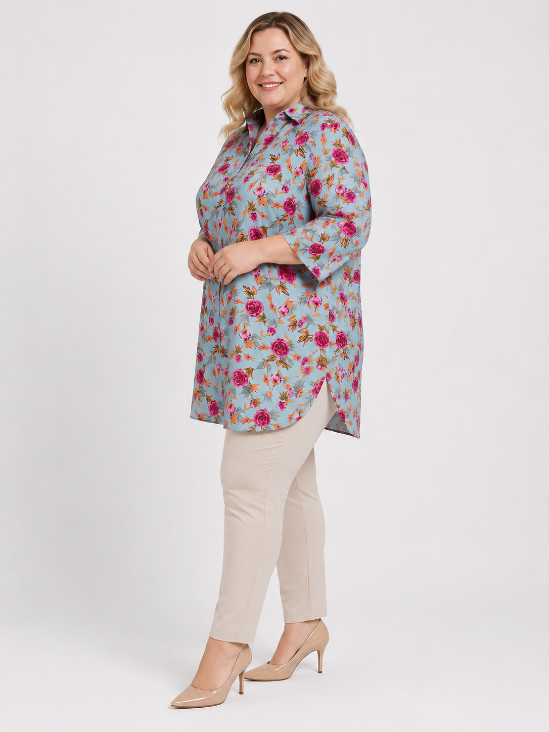 U&F Beyond Blue Floral Printed Plus Size Shirt Style Top