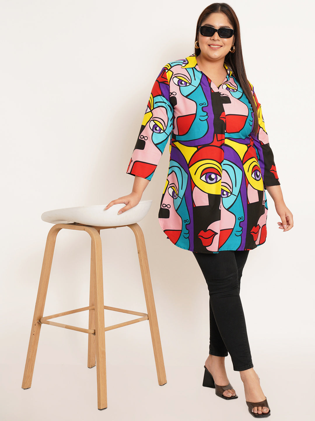 Women Plus Size Abstract Printed Crepe Shirt Style Longline Top