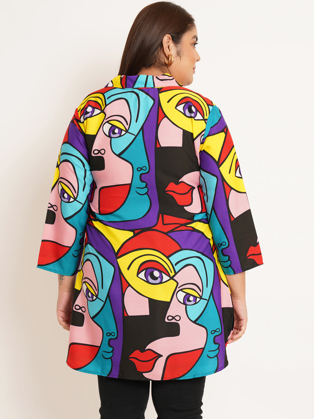Women Plus Size Abstract Printed Crepe Shirt Style Longline Top