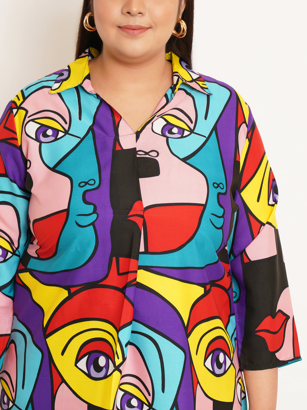 Women Plus Size Abstract Printed Crepe Shirt Style Longline Top