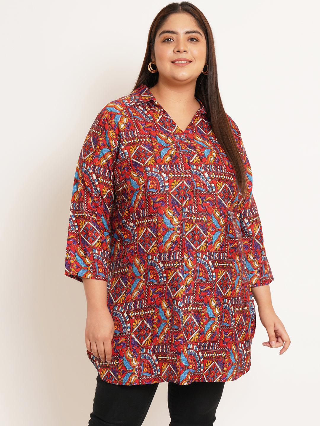 Women Plus Size Ethnic motifs Printed Shirt Style Longline Top