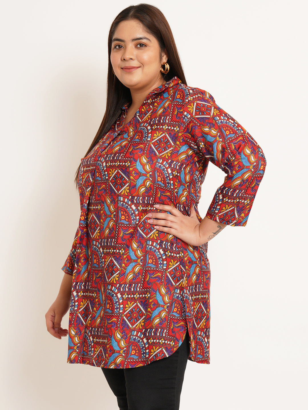 Women Plus Size Ethnic motifs Printed Shirt Style Longline Top