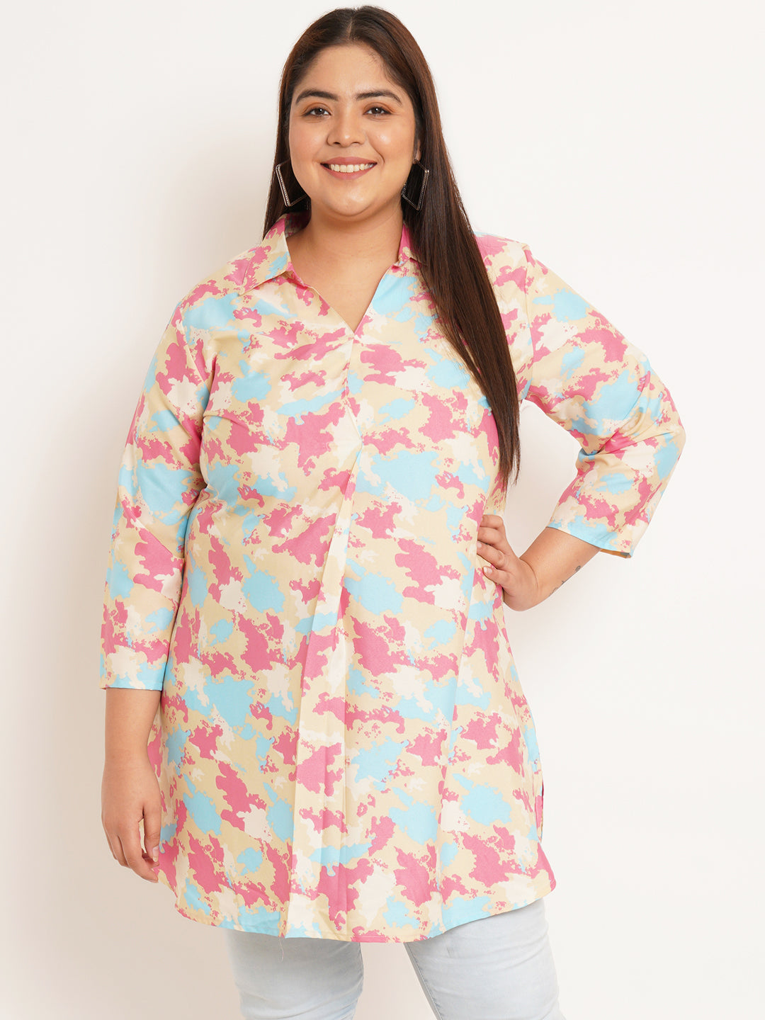 Women Plus Size Abstract Printed Shirt Style Longline Top