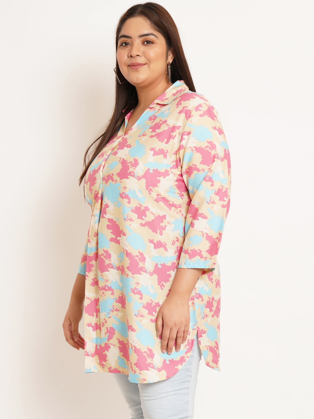 Women Plus Size Abstract Printed Shirt Style Longline Top