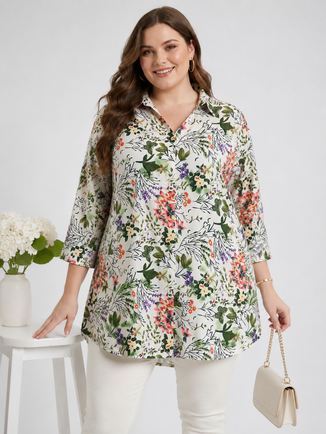 U&F Beyond White Floral Printed Plus Size Shirt Style Top