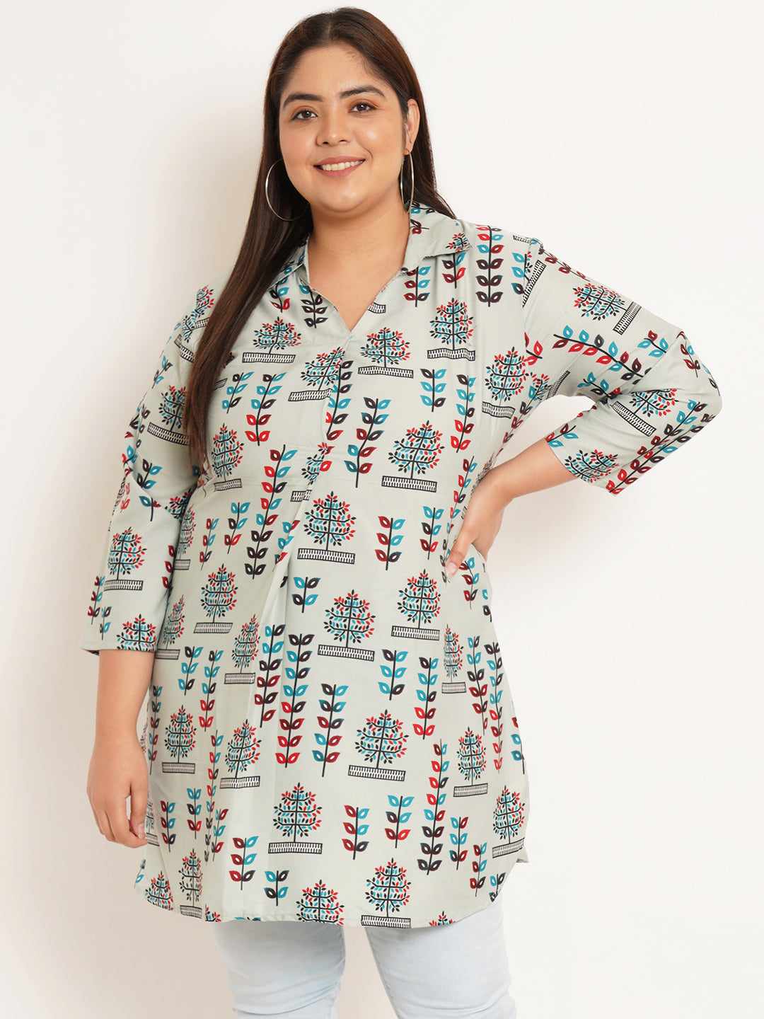 Women Plus Size Ethnic motifs Printed Shirt Style Longline Top