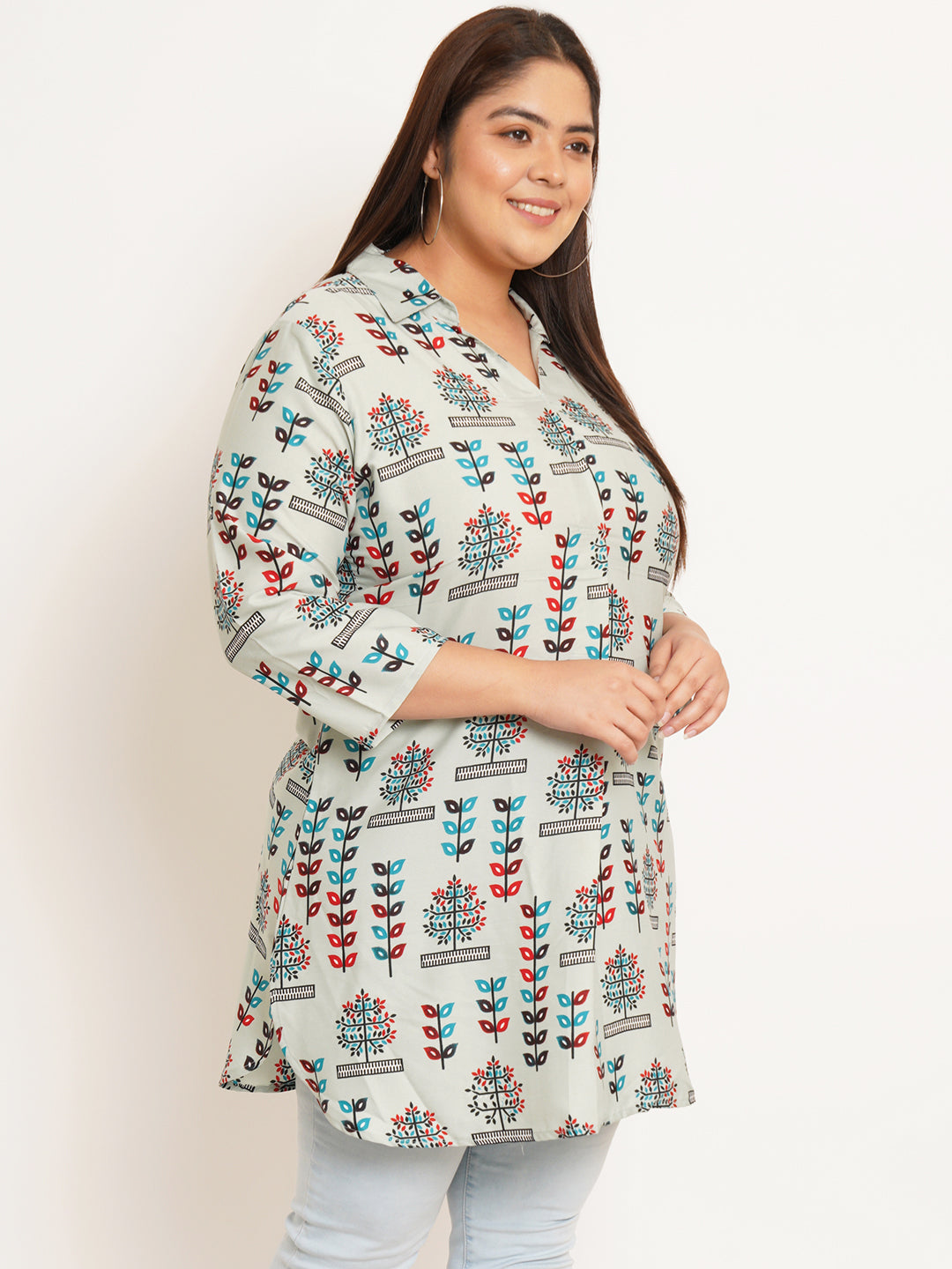 Women Plus Size Ethnic motifs Printed Shirt Style Longline Top