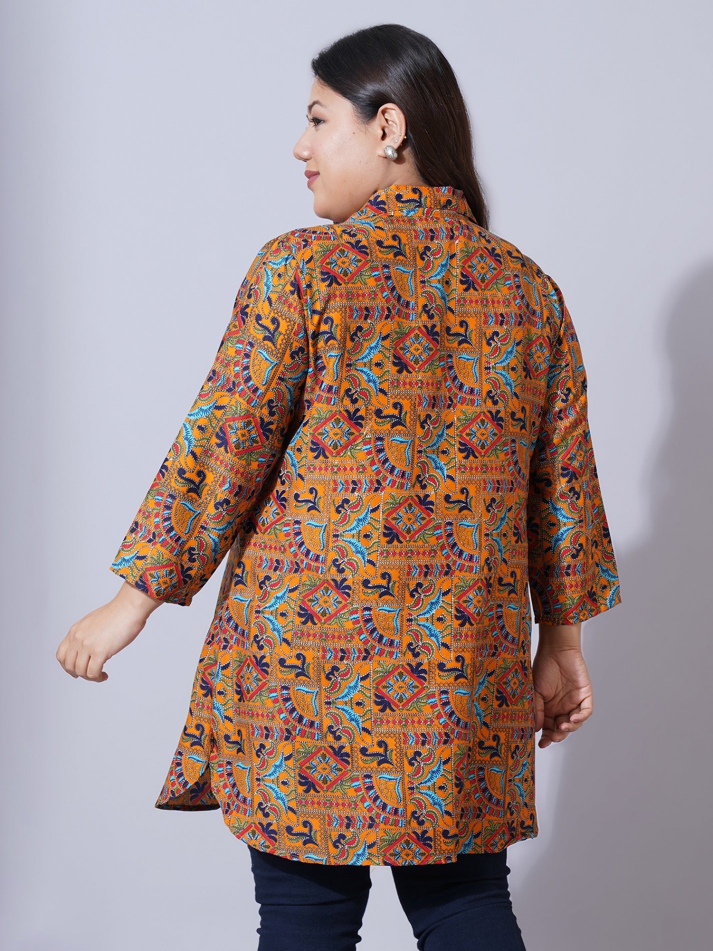 Women Plus Size Brown Ethnic motifs Print Crepe Shirt Style Longline Top