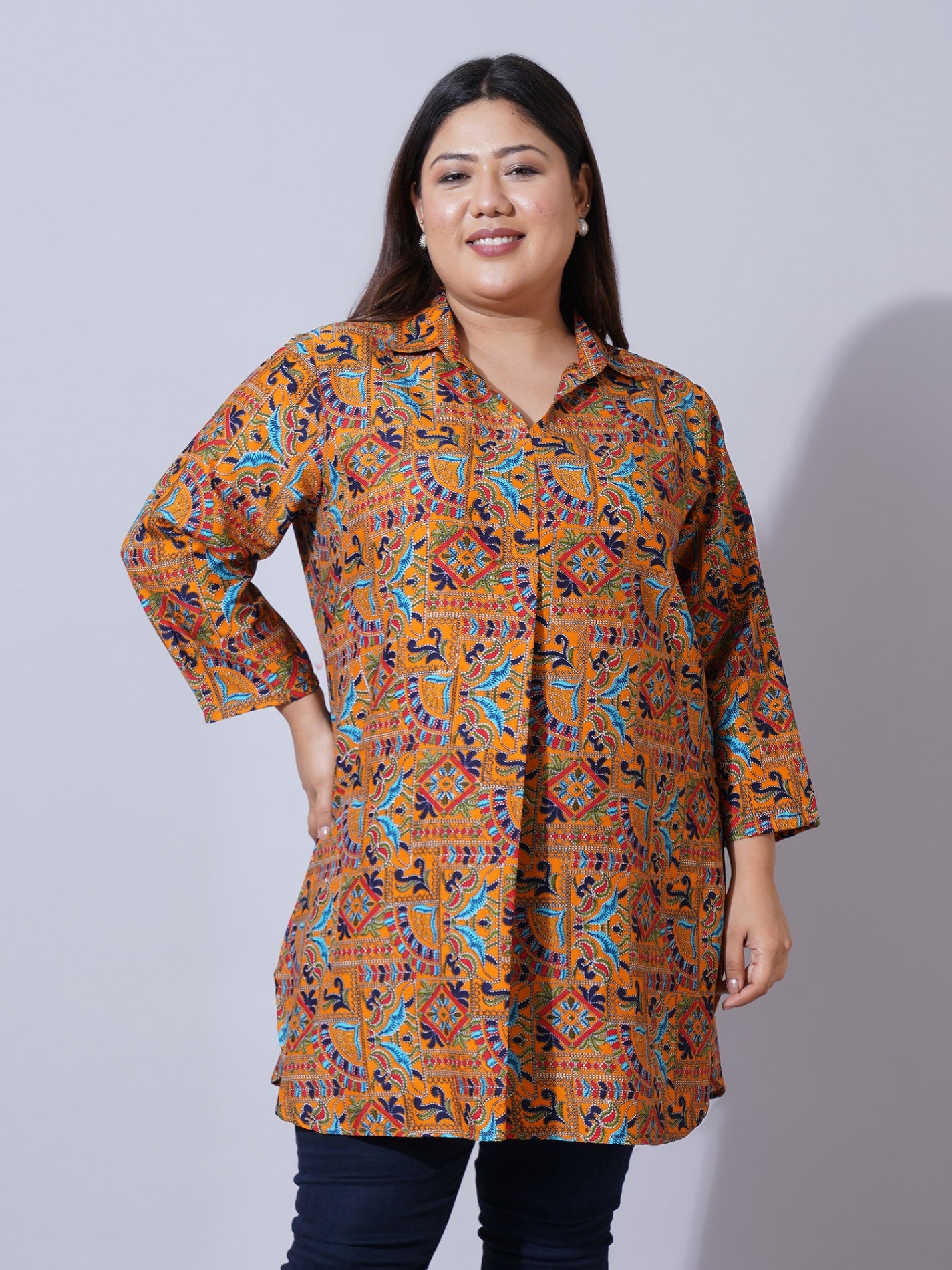 Women Plus Size Brown Ethnic motifs Print Crepe Shirt Style Longline Top