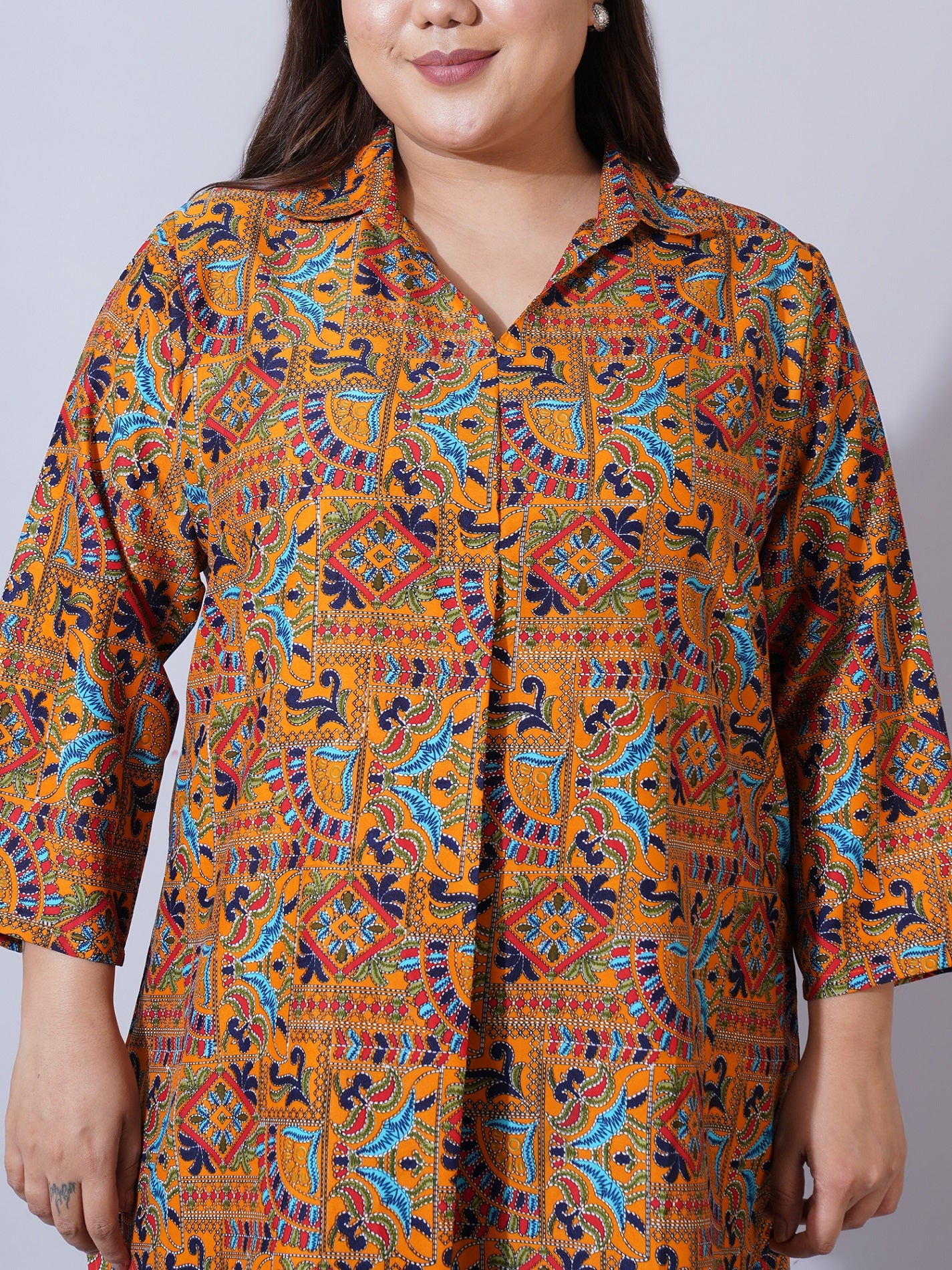 Women Plus Size Brown Ethnic motifs Print Crepe Shirt Style Longline Top