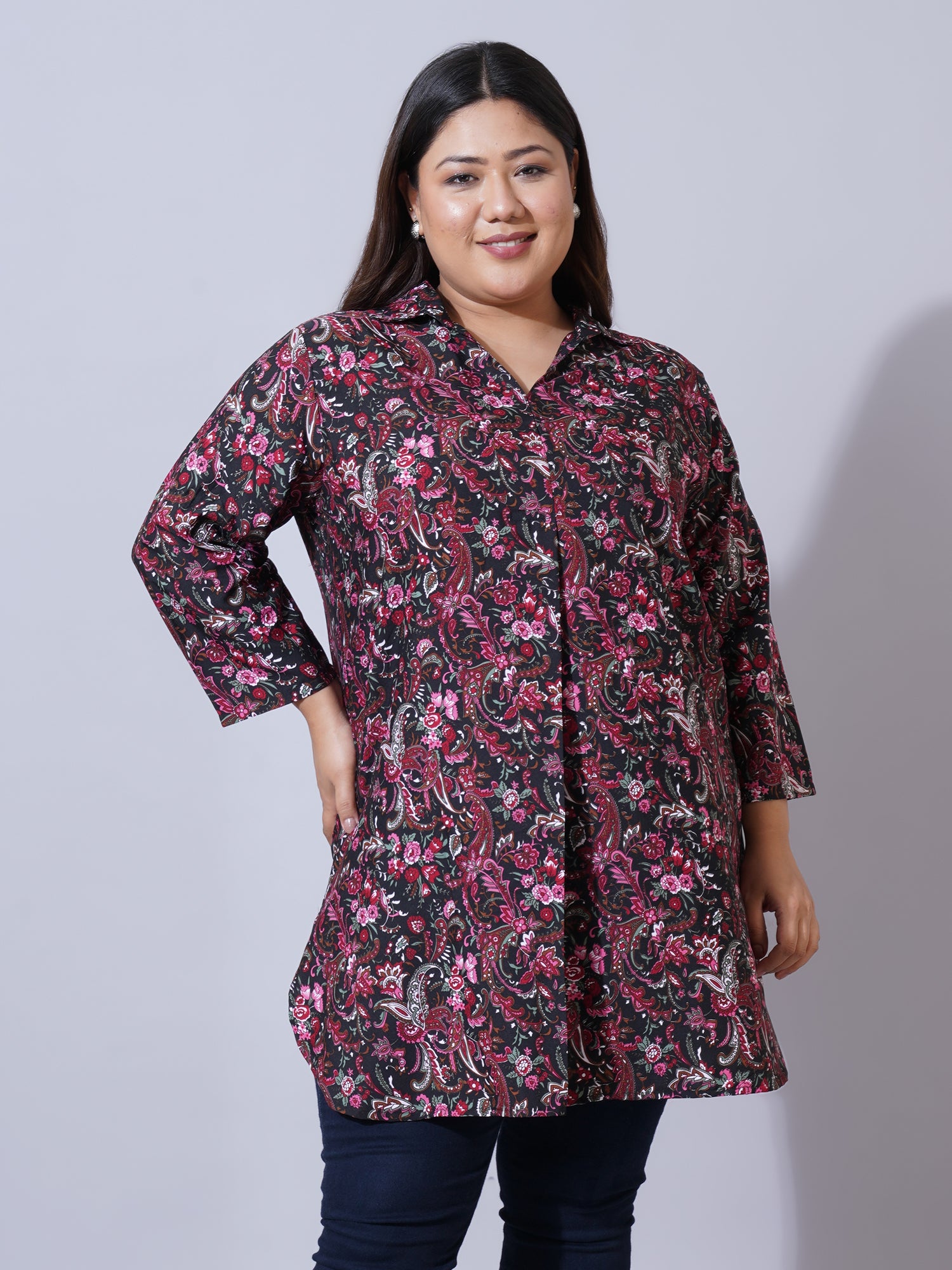 Women Plus Size Black Floral Printed Shirt Style Longline Top