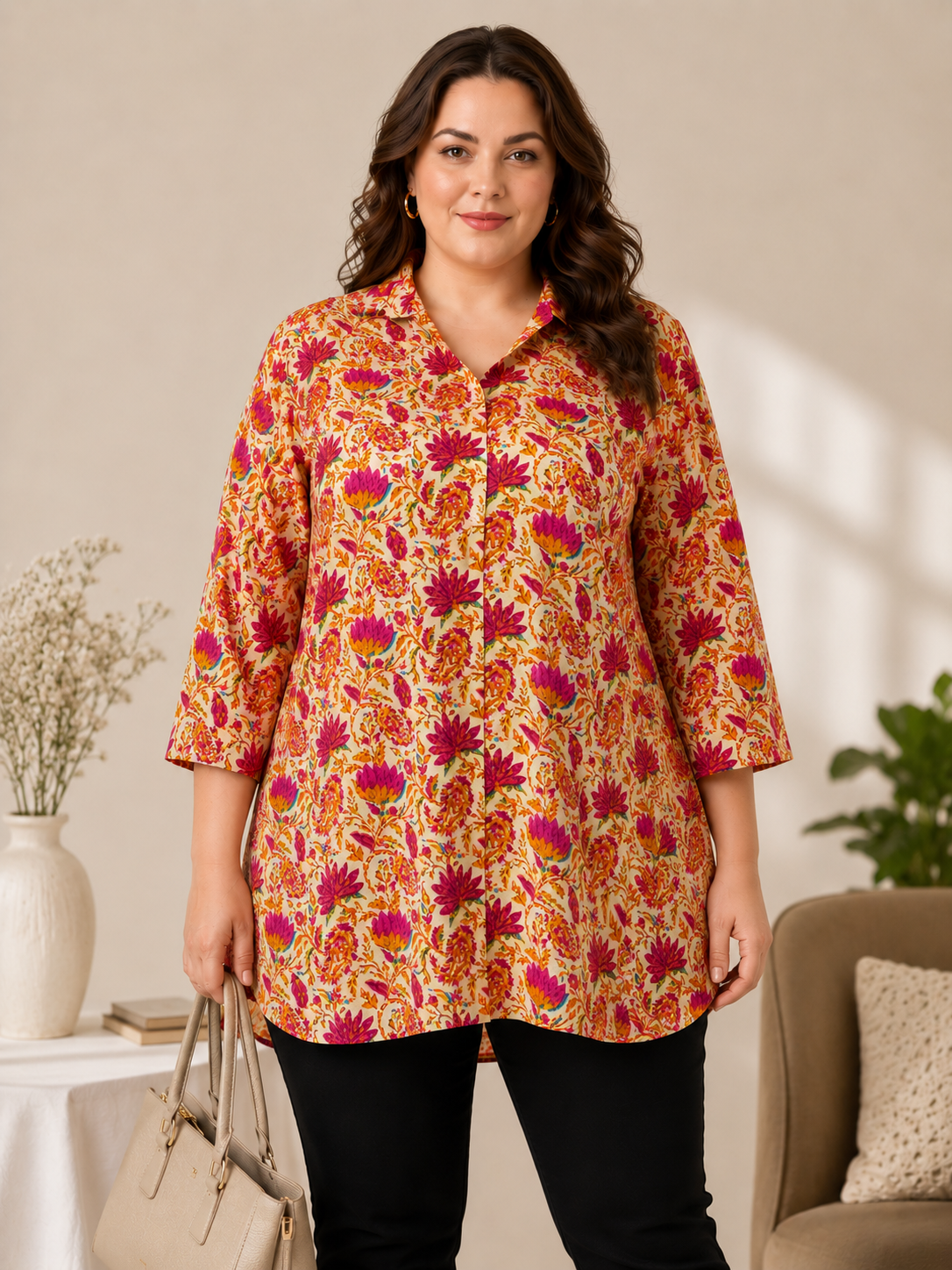 U&F Beyond Sunset Bloom Floral Print Plus Size Tunic Top