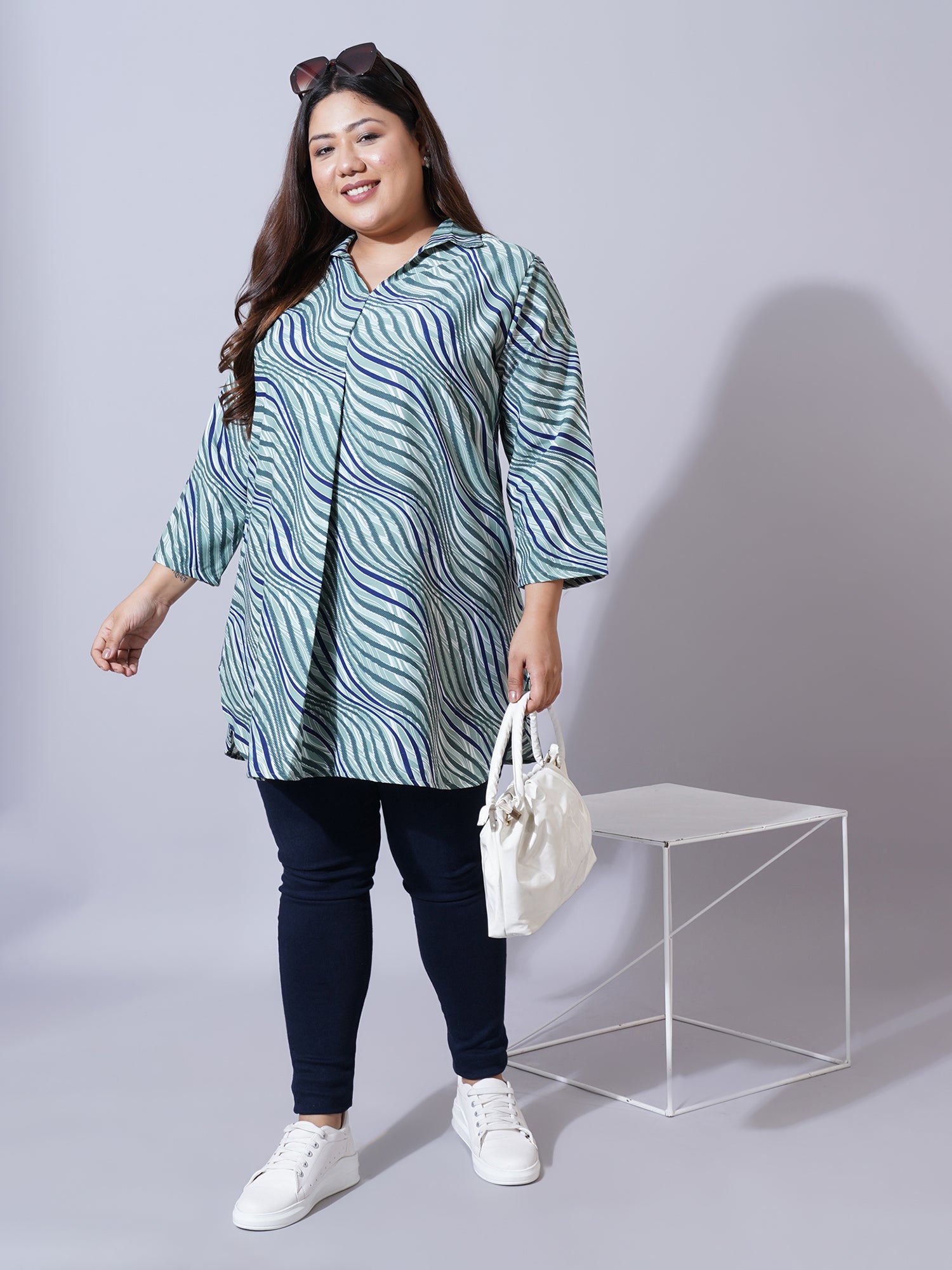 Women Plus Size Blue Animal Printed Shirt Style Longline Top