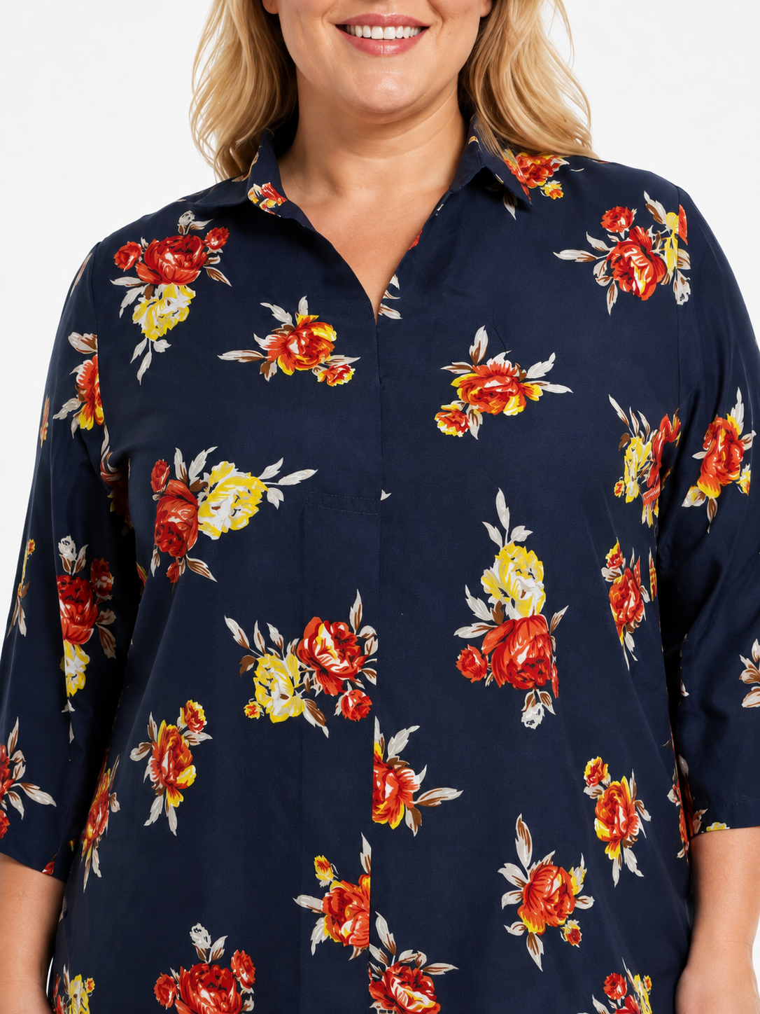 U&F Beyond Navy Blue Floral Printed Plus Size Shirt Style Top