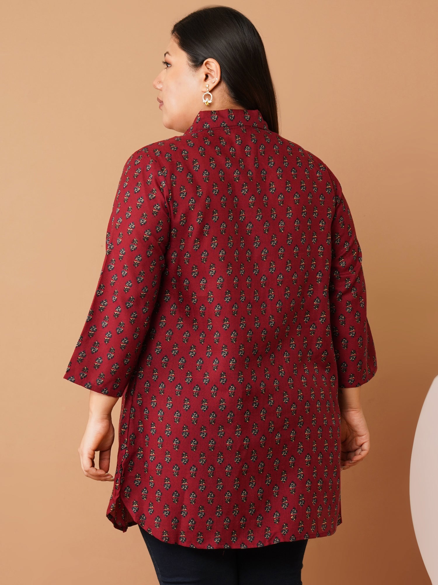 U&F Beyond Plus Size Maroon Floral Printed Longline Shirt Style Top